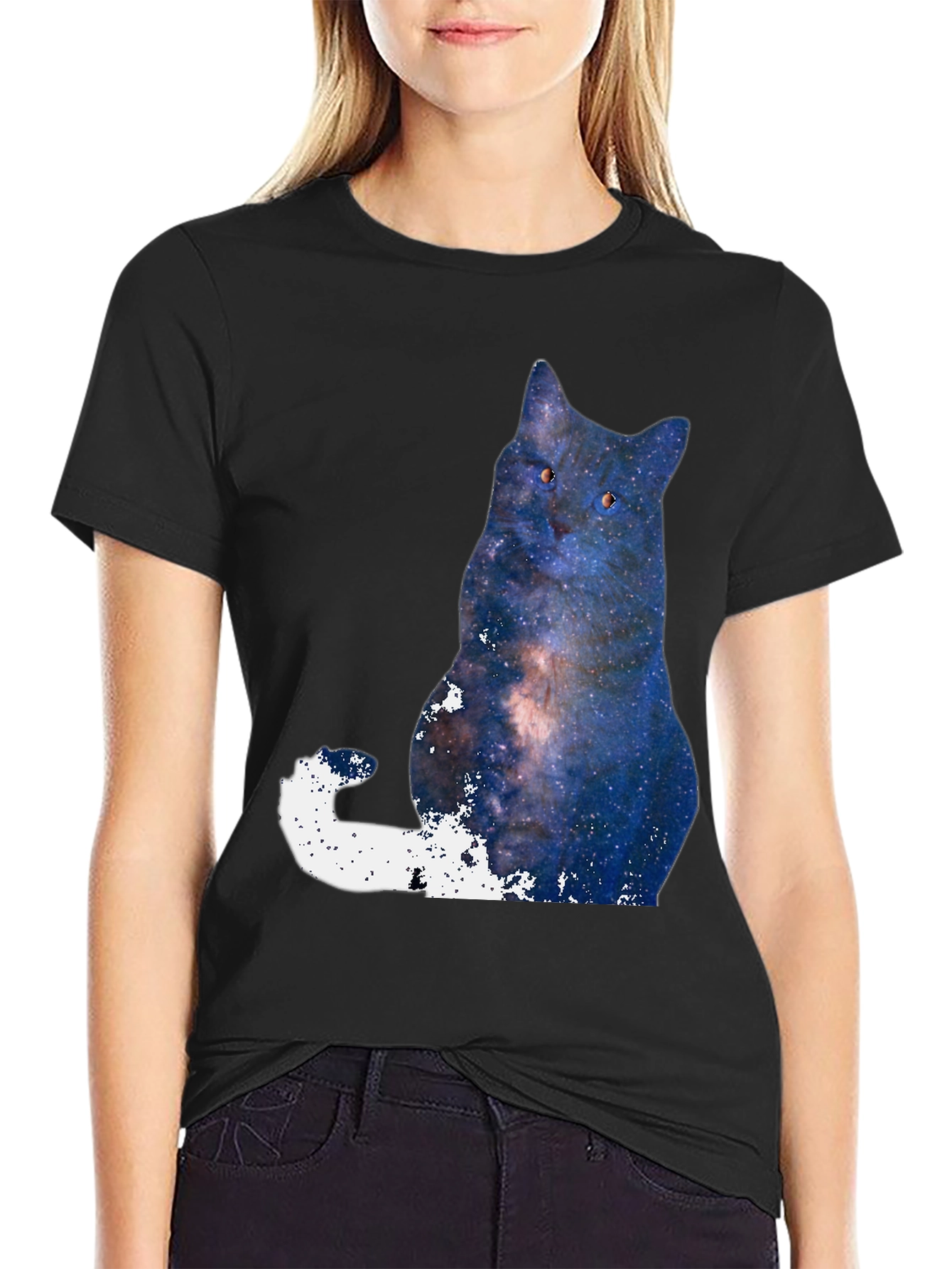 Black Galaxy Cat Graphic T-Shirt - Men's Black Tee view 2