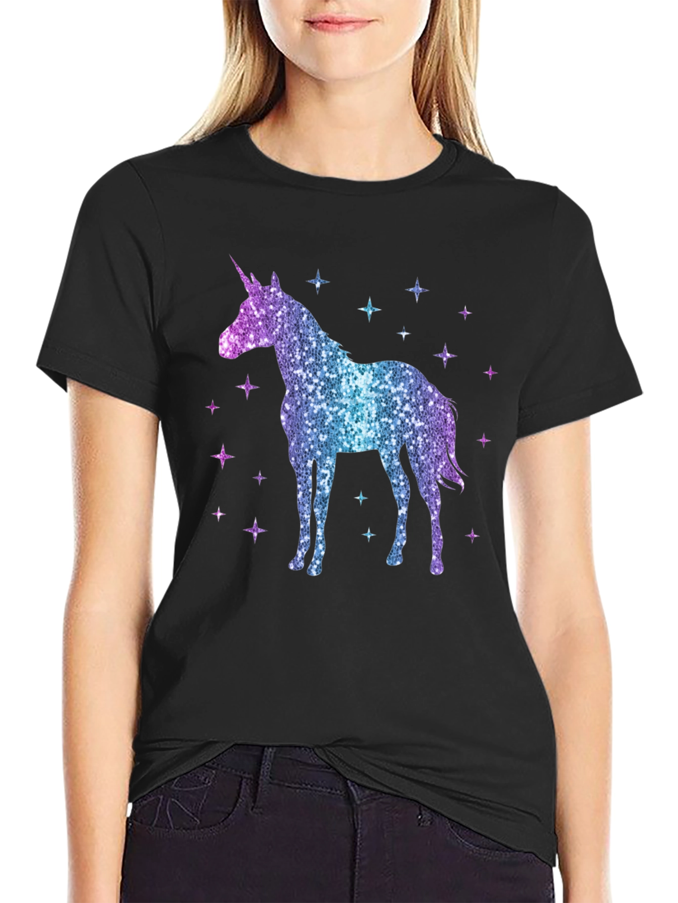 Black Sparkly Unicorn Graphic Tee - Magical Style view 2