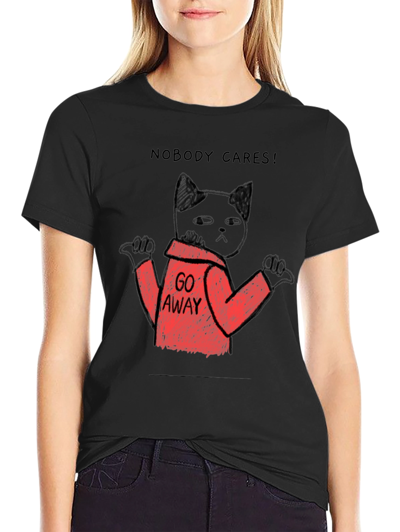 Black Nobody Cares Black Cat T-Shirt view 2