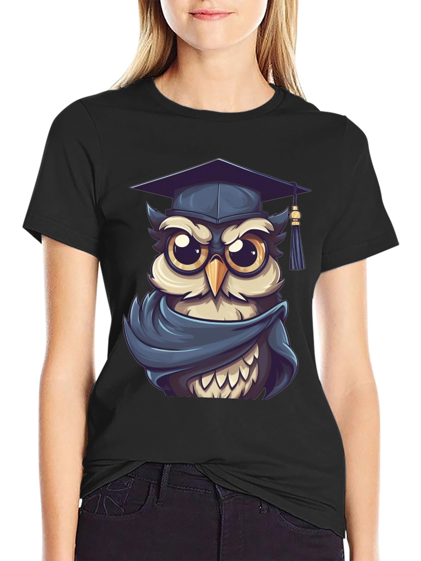 Black Graduation Owl Graphic Tee - Black Cotton Blend view 2