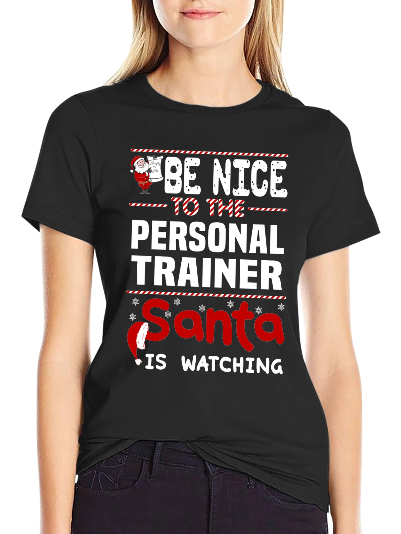 Black Funny Personal Trainer Santa Watching Christmas T-Shirt view 2