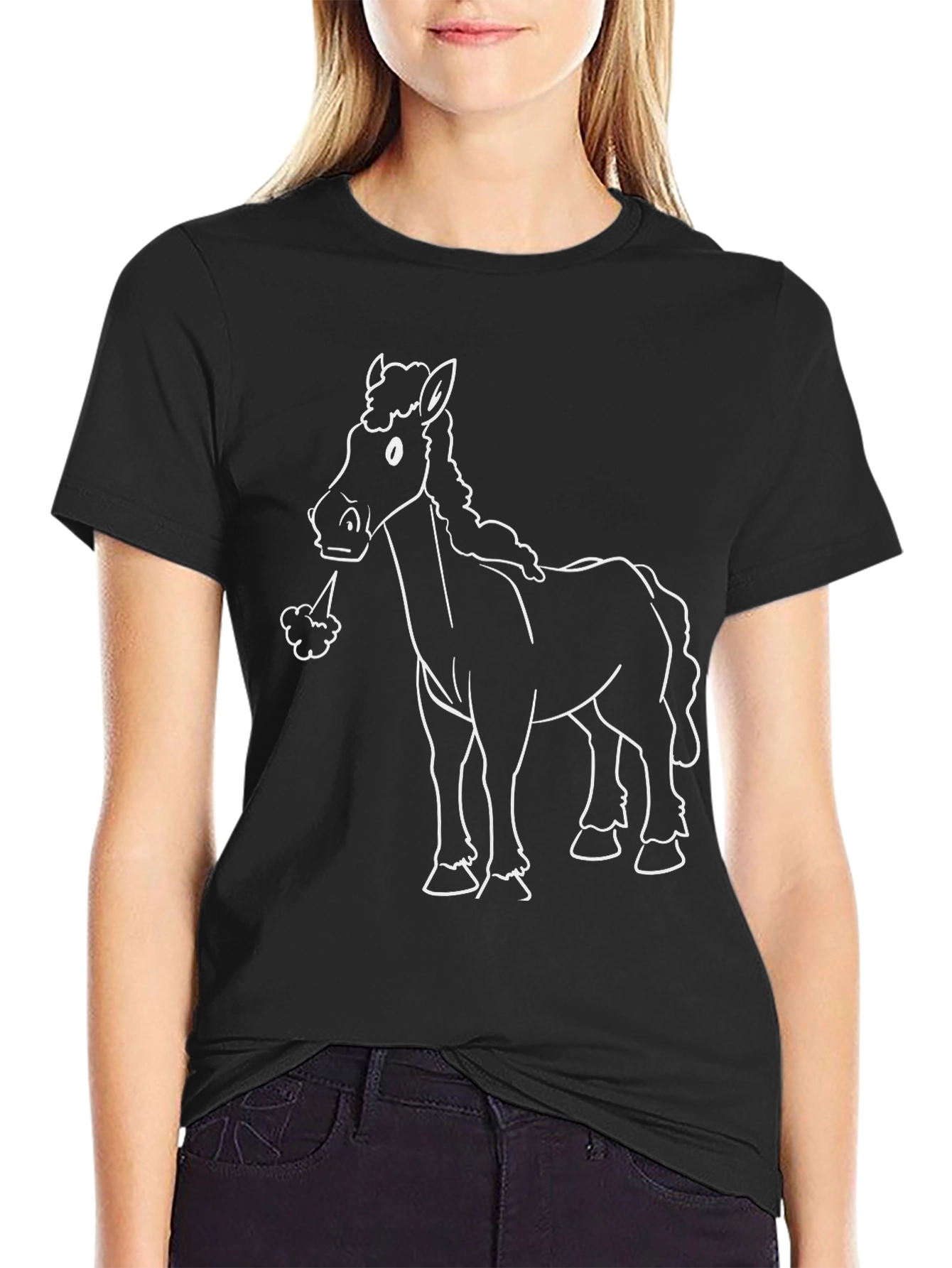 Black Funny Horse Graphic Tee - Black Cotton T-Shirt view 2