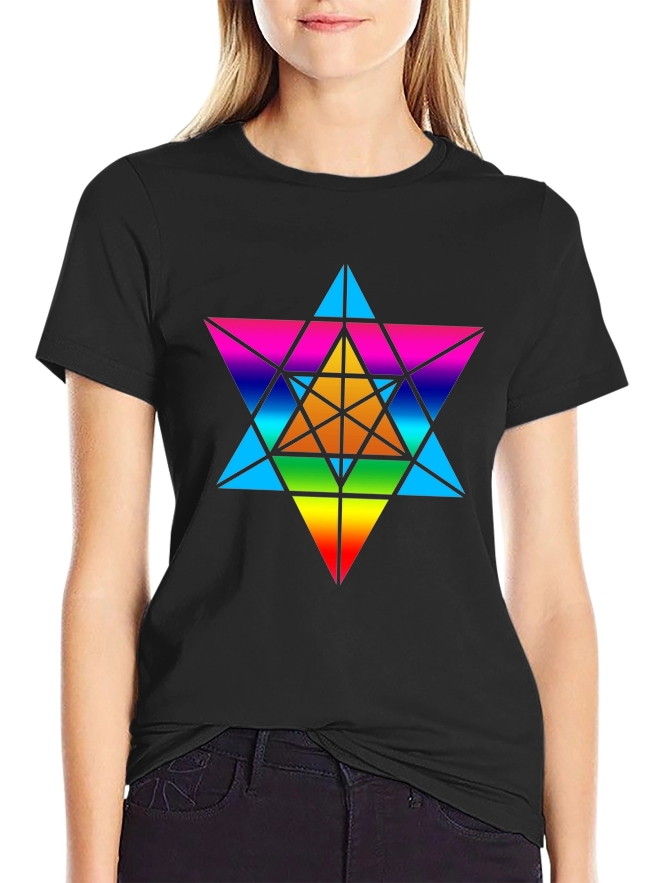 Black Rainbow Geometric Star T-Shirt - Unisex Black Tee view 2