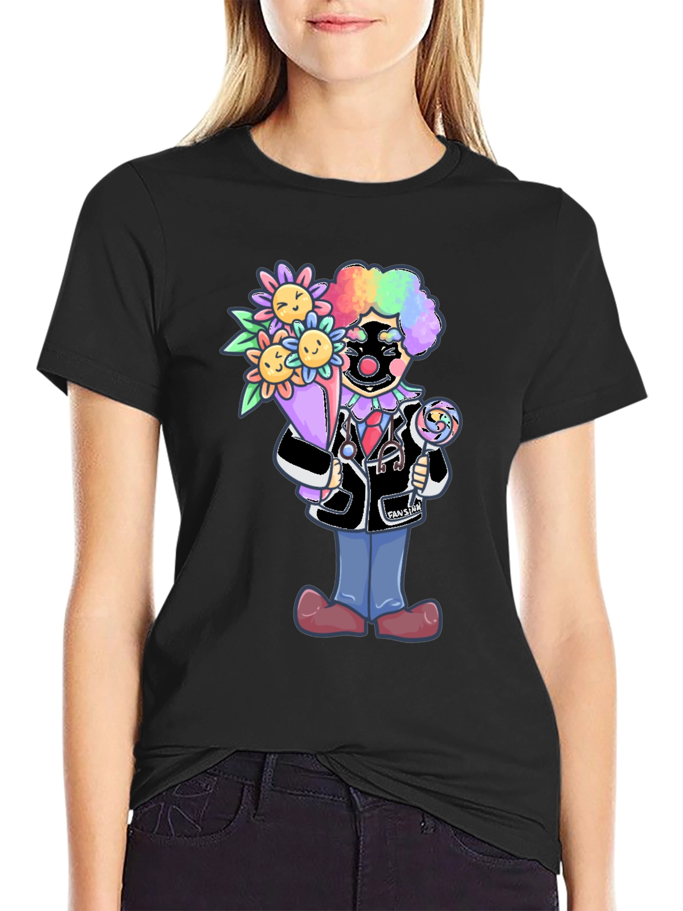 Black Clown Doctor T-Shirt with Flowers & Lollipop view 2