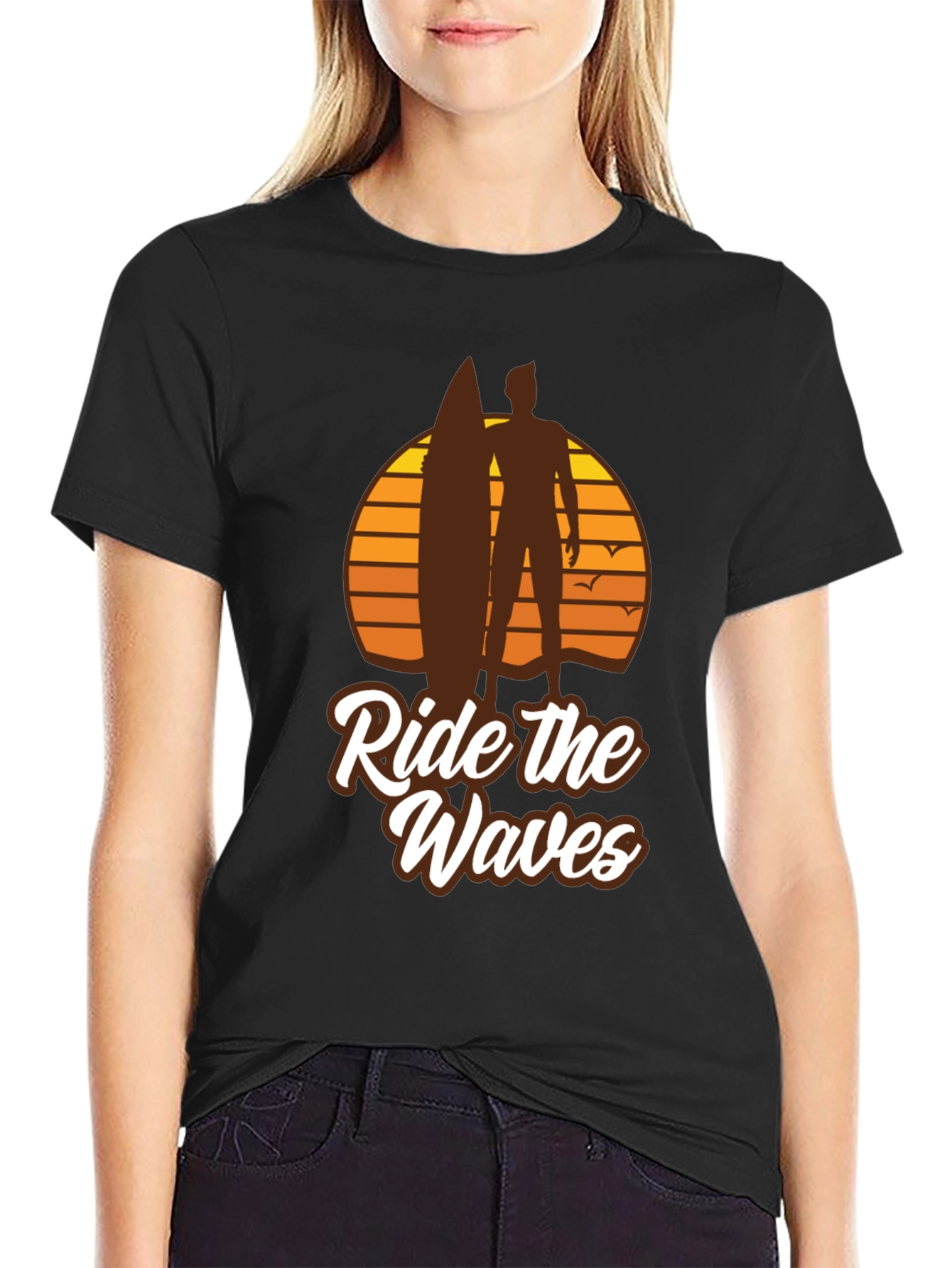 Black Ride the Waves Graphic T-Shirt - Surfer Style view 2