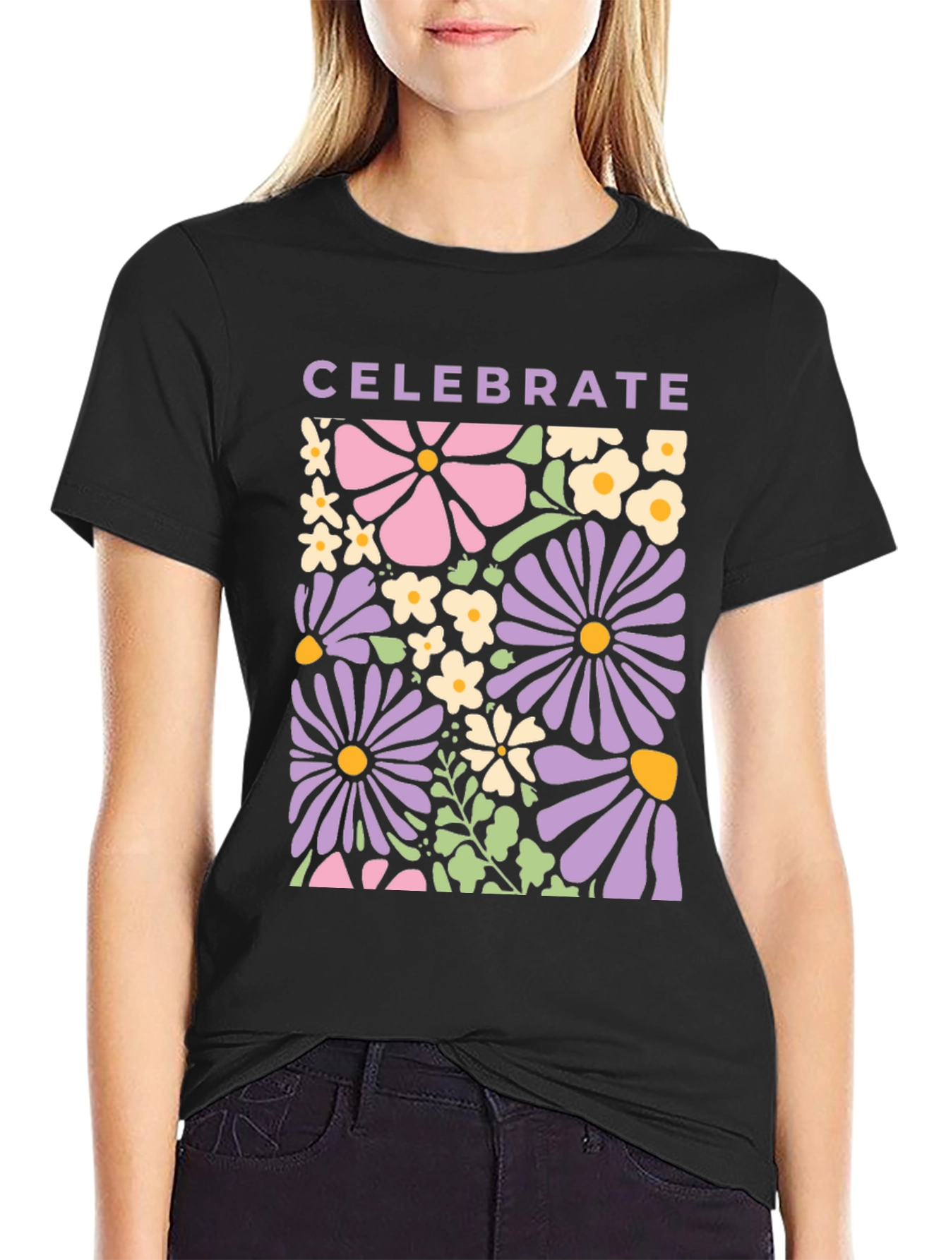 Black Celebrate Floral Graphic Tee - Retro Flower Power Shirt view 2