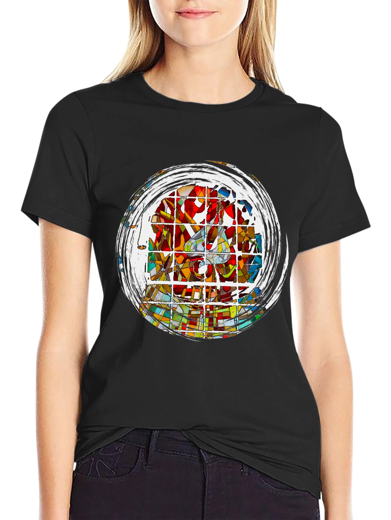 Black Abstract Stained Glass Art Graphic Tee - Black view 2