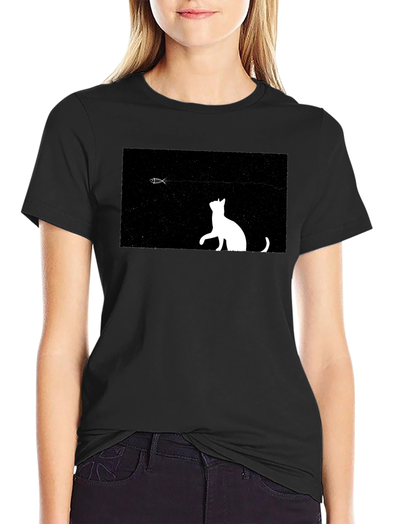 Black Cat & Fish Graphic Black Tee view 2