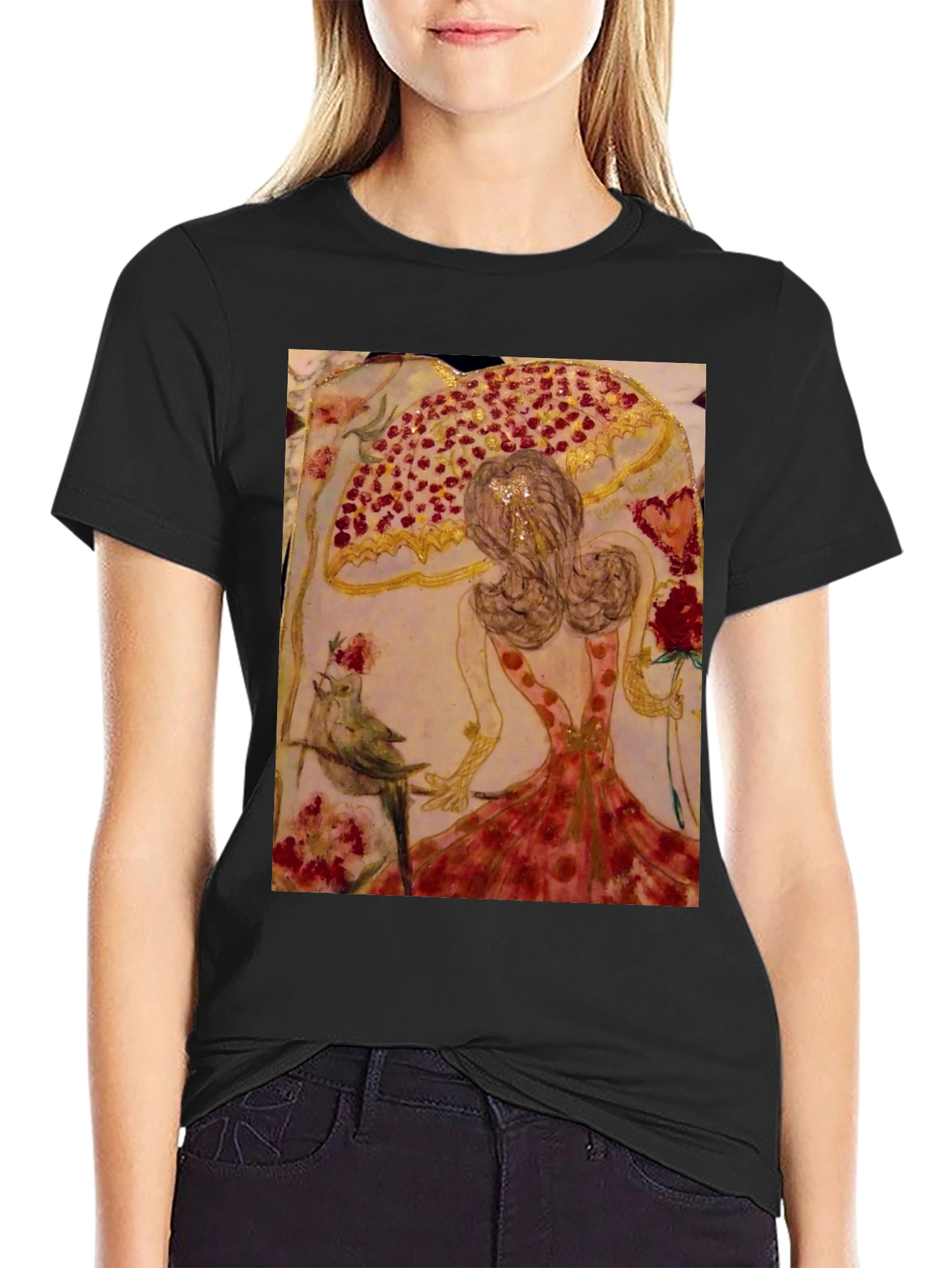 Black Whimsical Art T-Shirt: Bird, Roses, & Dancer view 2