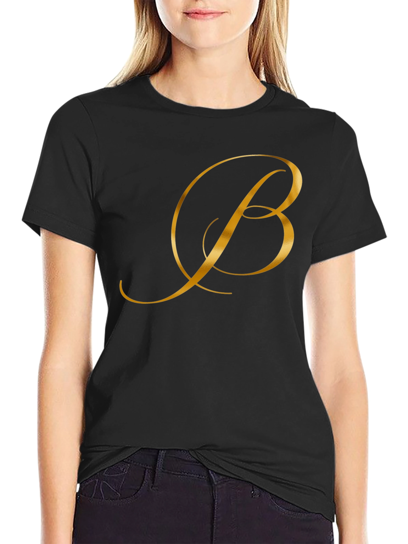 Black Elegant Gold Letter B Black T-Shirt view 2