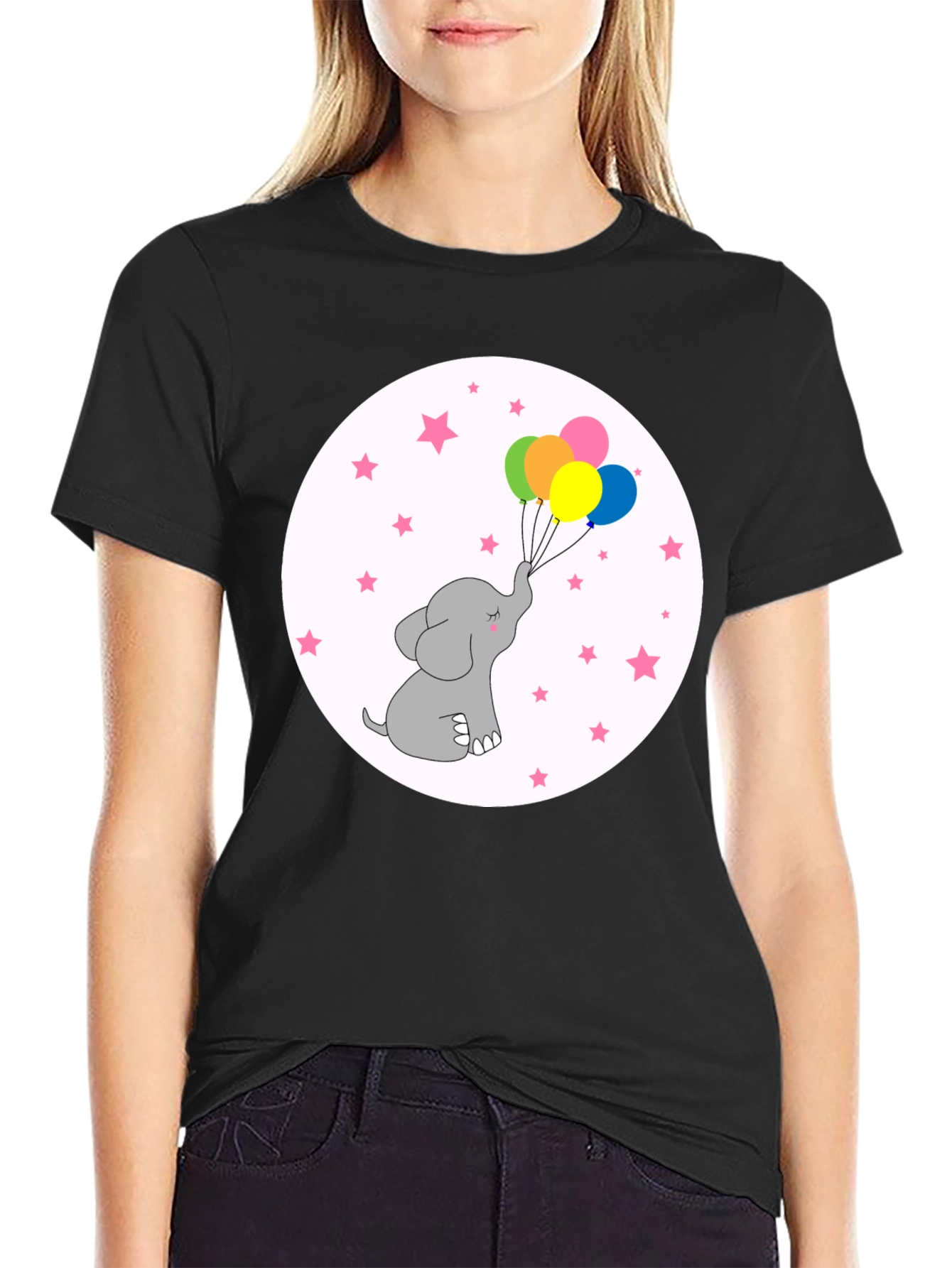 Black Elephant Balloons Black T-Shirt Cute Cartoon Style view 2