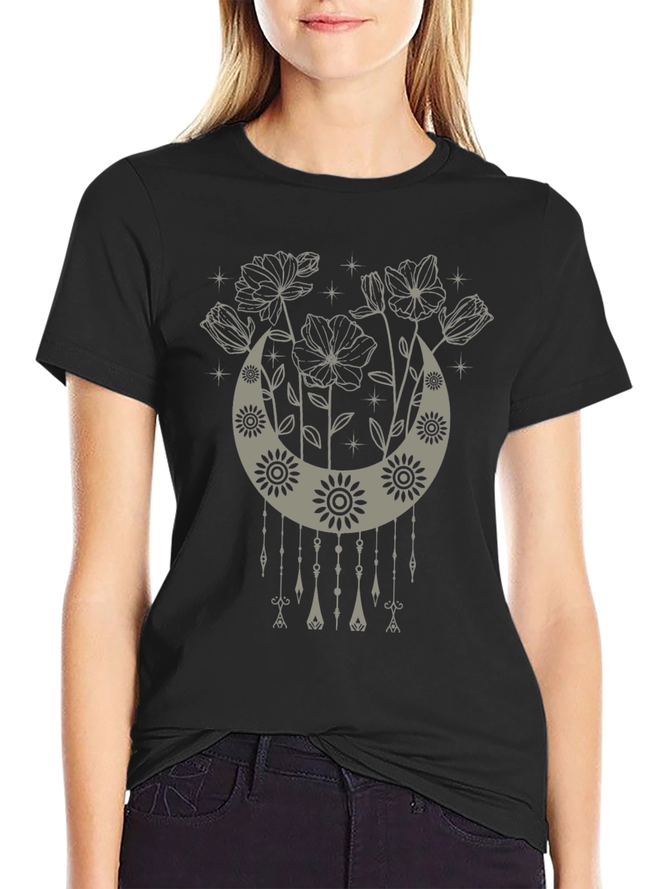 Black Boho Floral Moon Graphic Tee - Black view 2