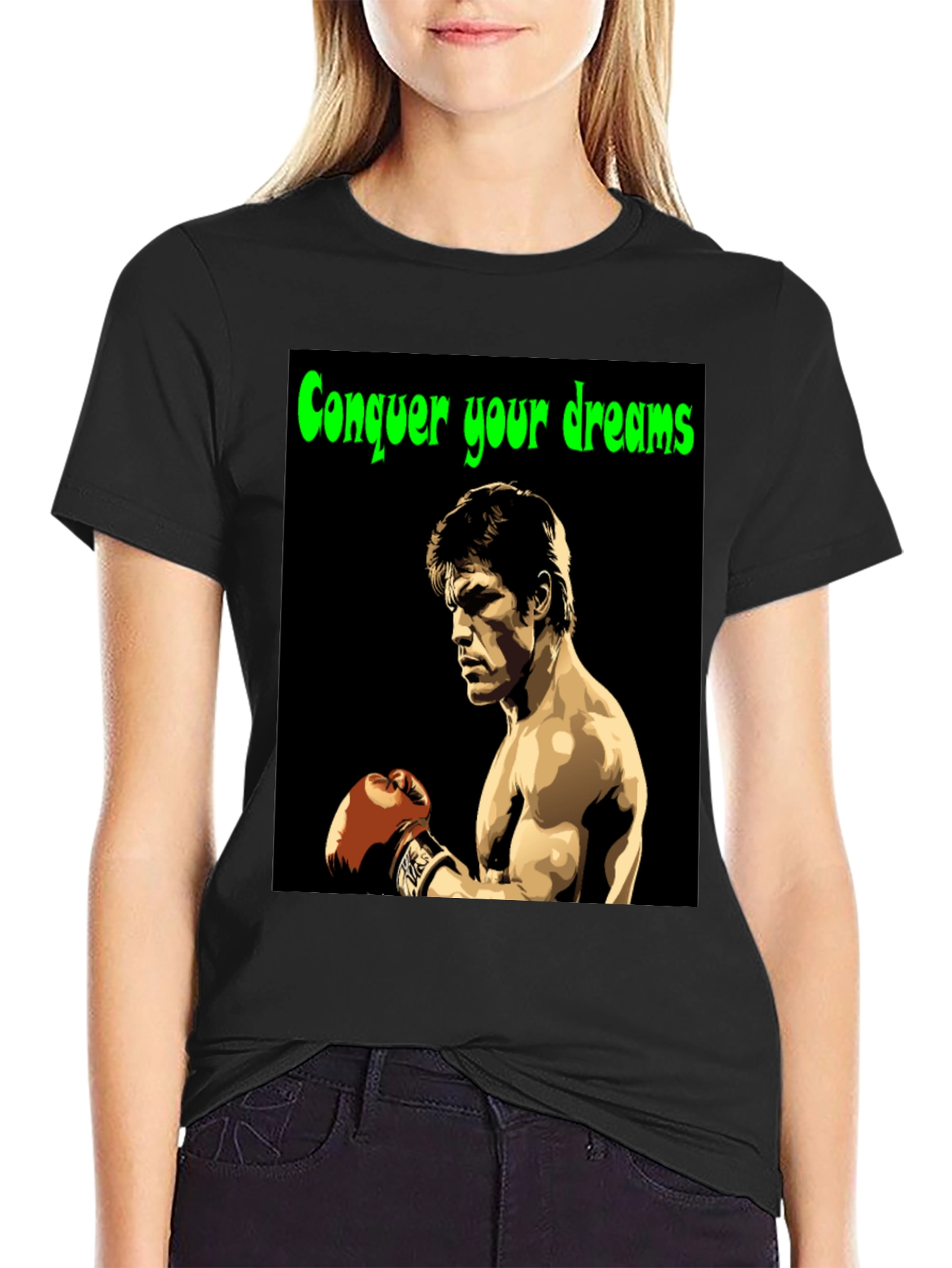 Black Conquer Your Dreams T-Shirt Boxing Legend Graphic Tee view 2