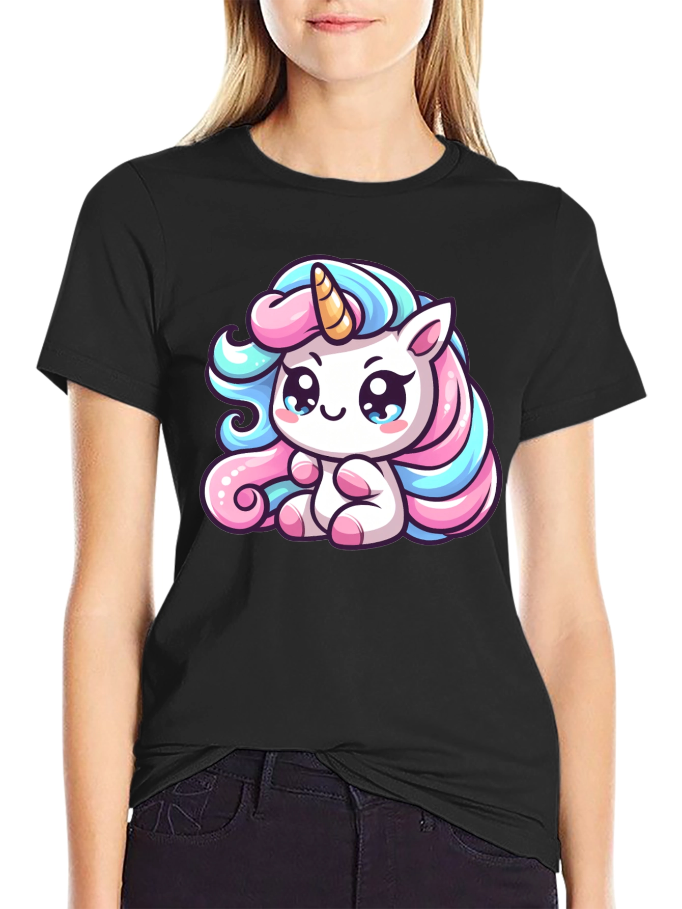 Black Cute Unicorn Graphic Black Tee Shirt view 2