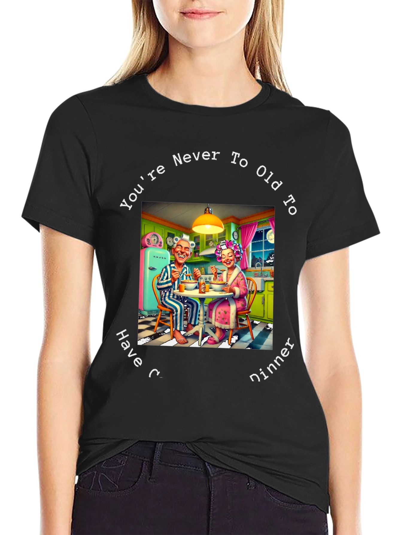Black Funny You're Never Too Old to Have Dinner Graphic T-Shirt view 2
