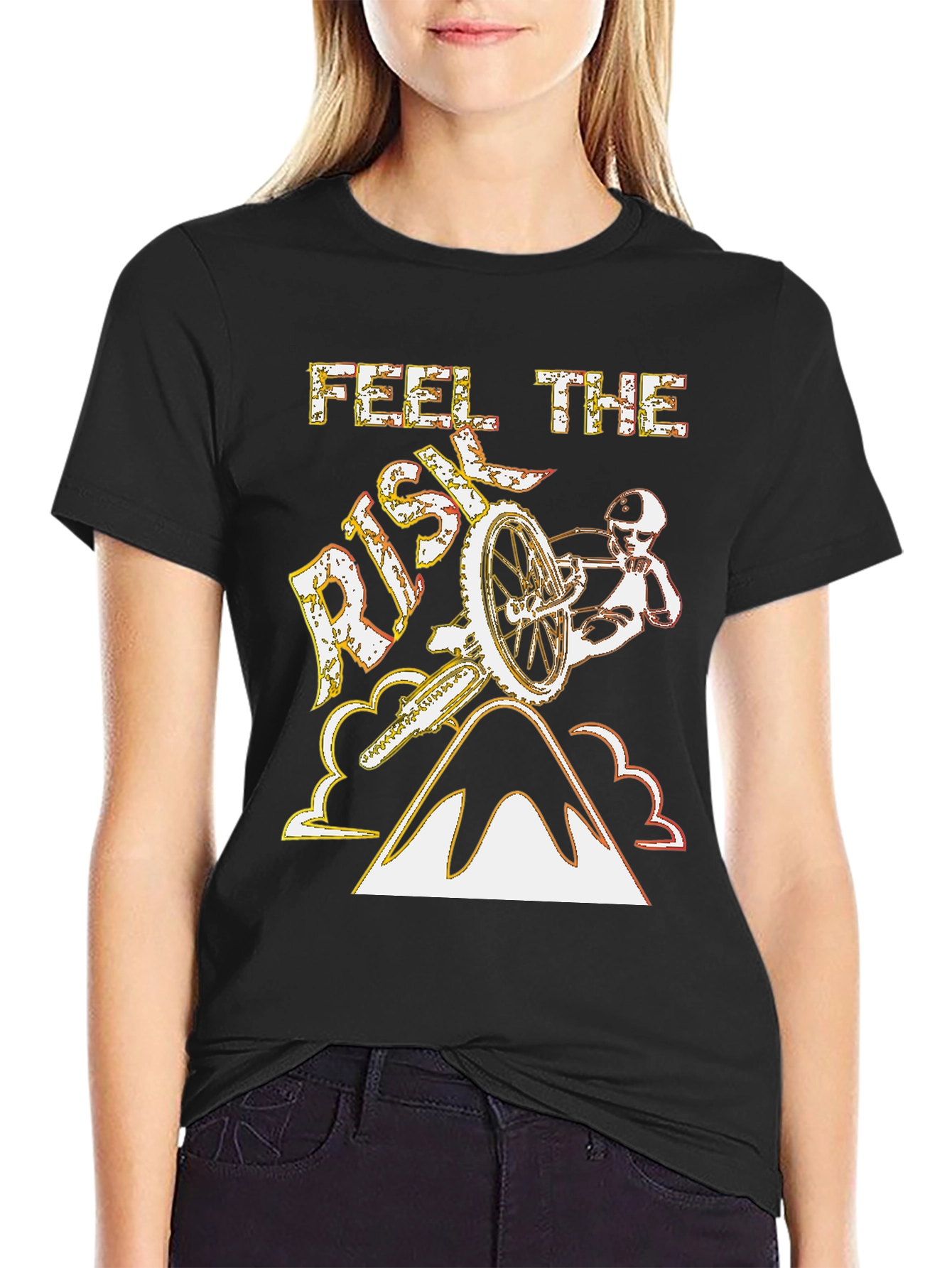 Black Feel The Risk T-Shirt - Mountain Biking Design view 2