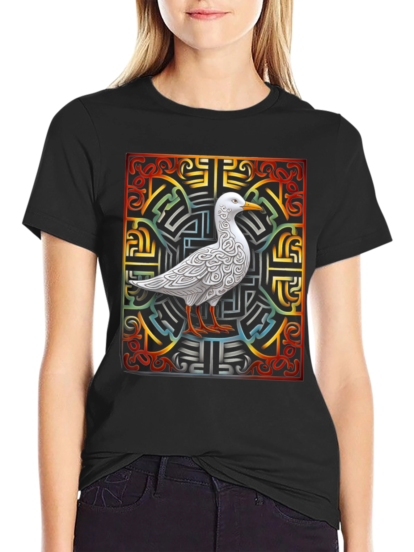 Black Ornate Bird Graphic Tee - Unique Design view 2