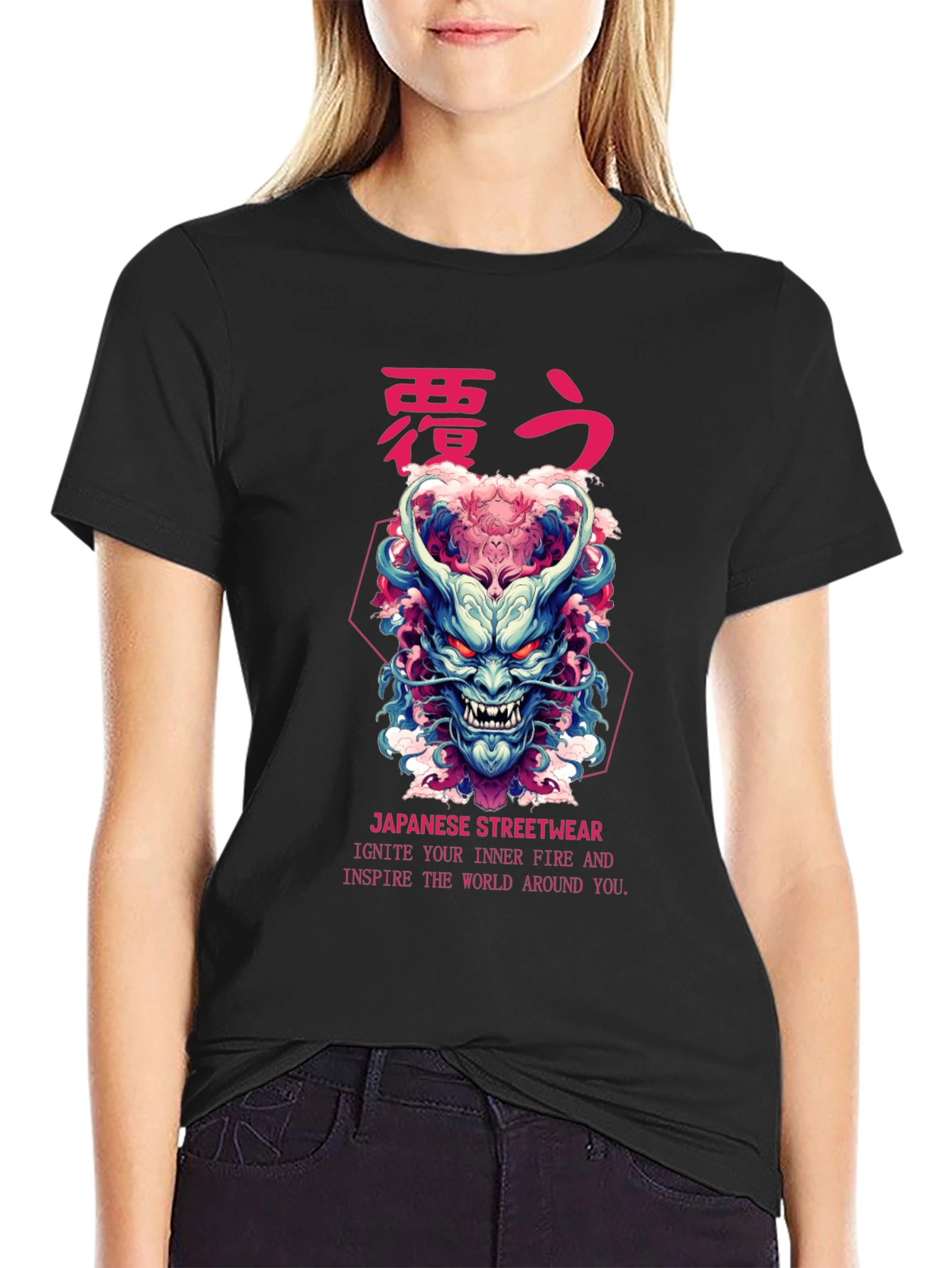 Black Japanese Oni Mask Graphic T-Shirt view 2
