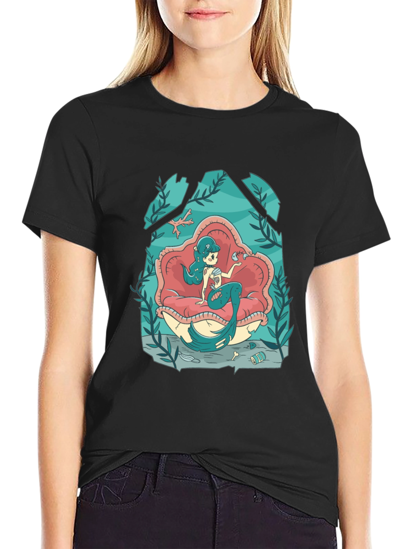Black Mermaid in Shell T-Shirt - Unique Graphic Tee view 2