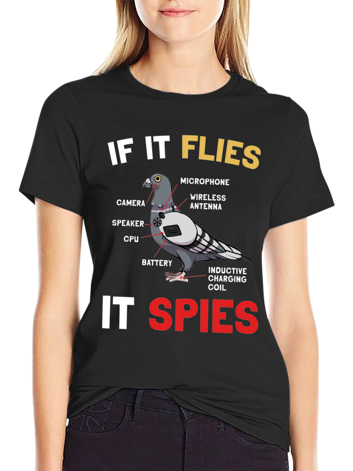 Black If It Flies It Spies Pigeon T-Shirt view 2
