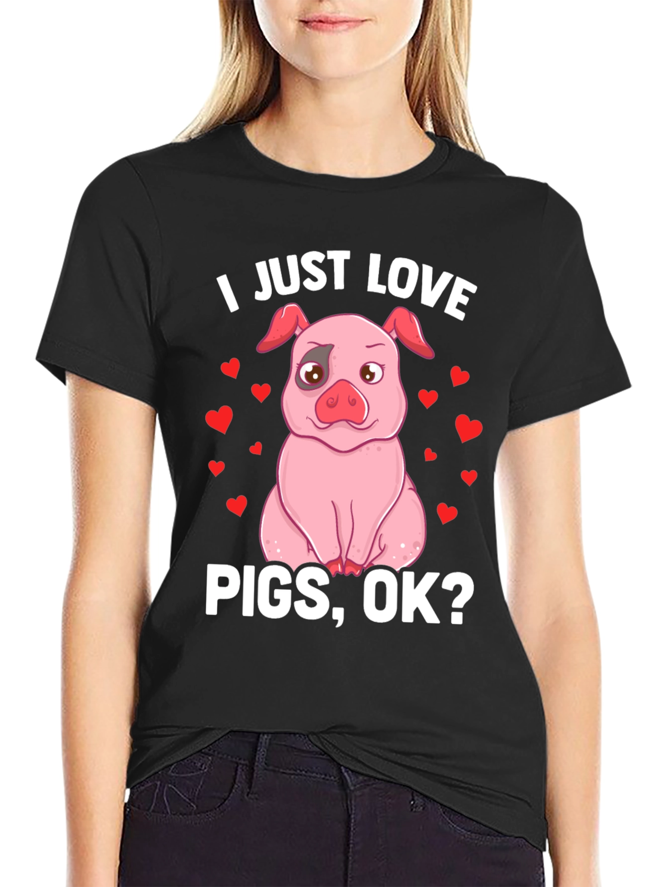 Black I Just Love Pigs, OK? Funny Pig T-Shirt view 2