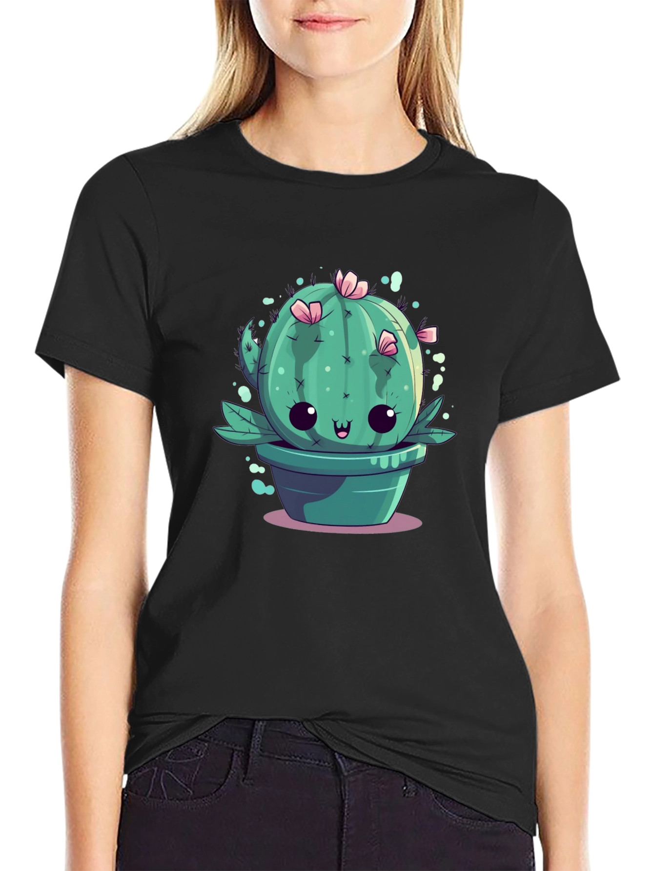 Black Kawaii Cactus Tee - Cute Plant Graphic T-Shirt view 2