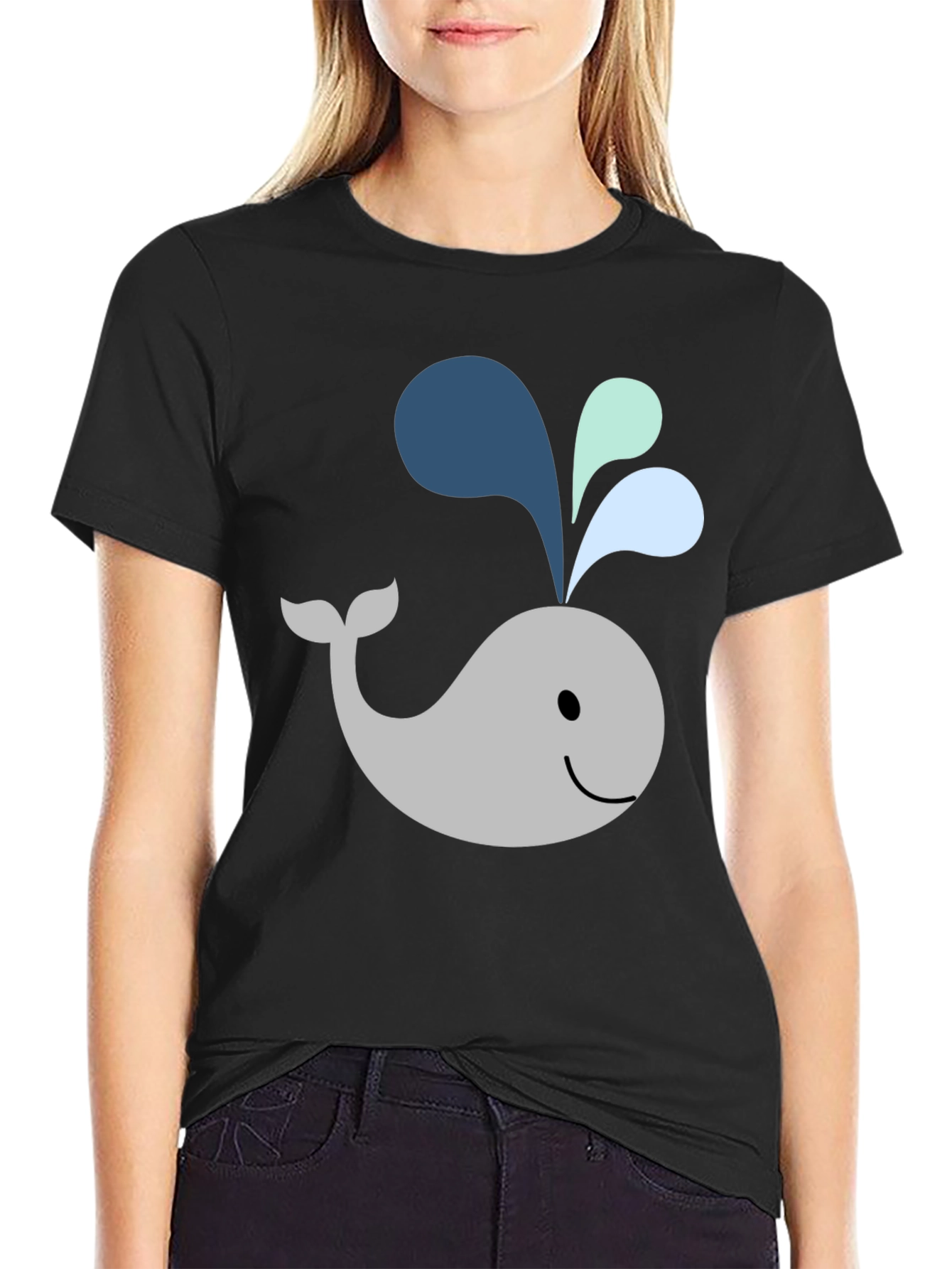 Black Cute Whale Graphic Black T-Shirt view 2