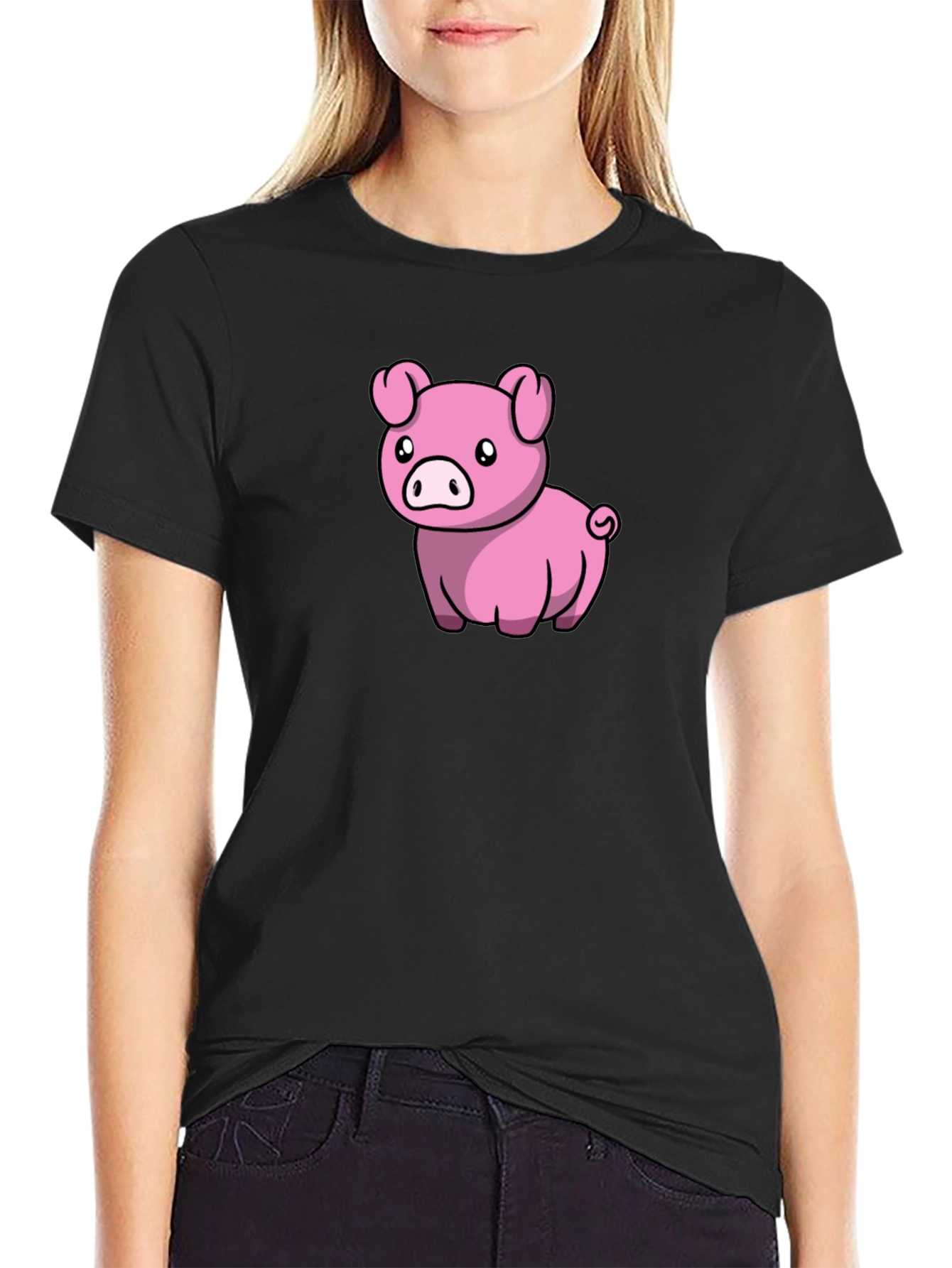 Black Cute Pig Cartoon Black T-Shirt view 2