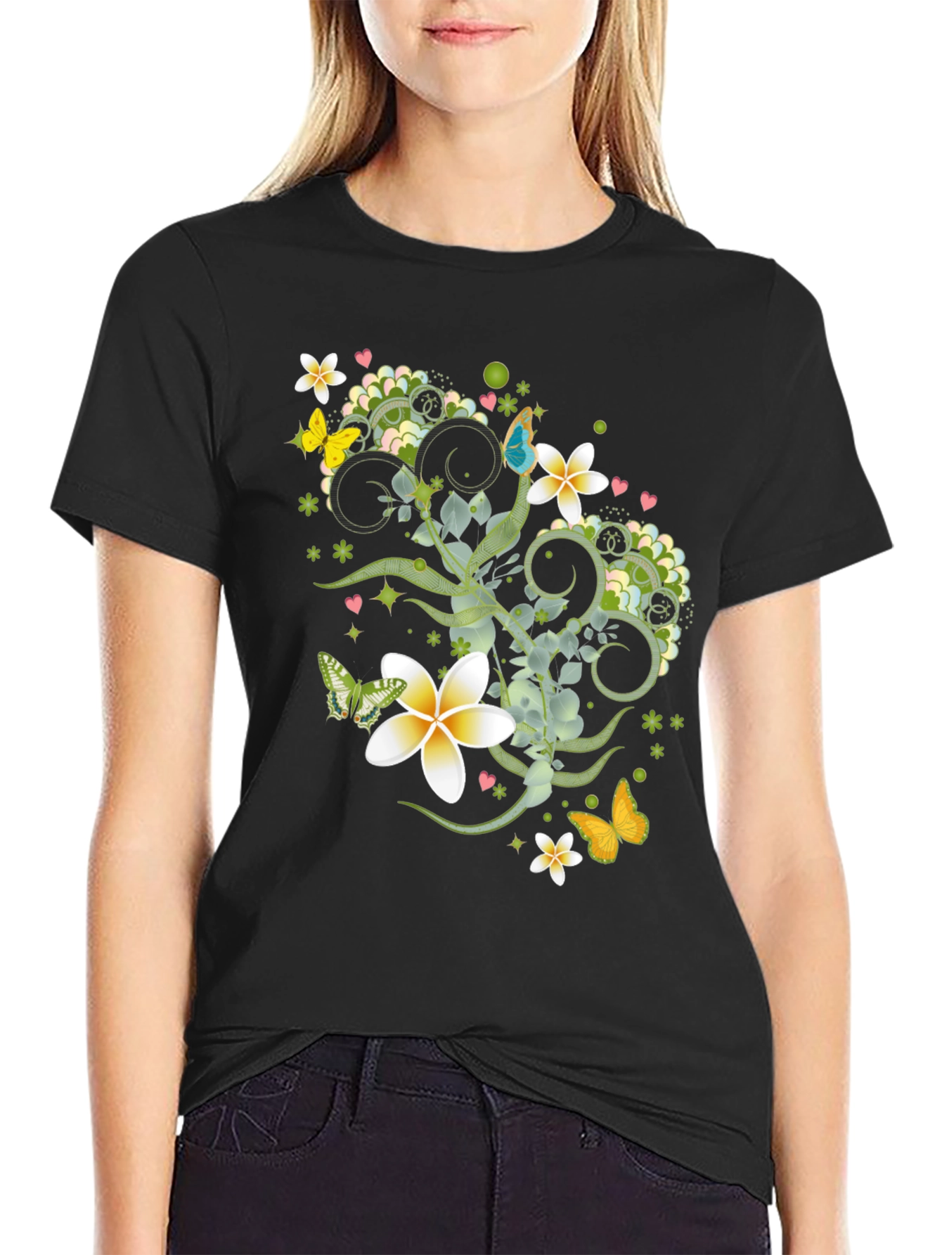 Black Floral Butterfly Graphic Black T-Shirt view 2
