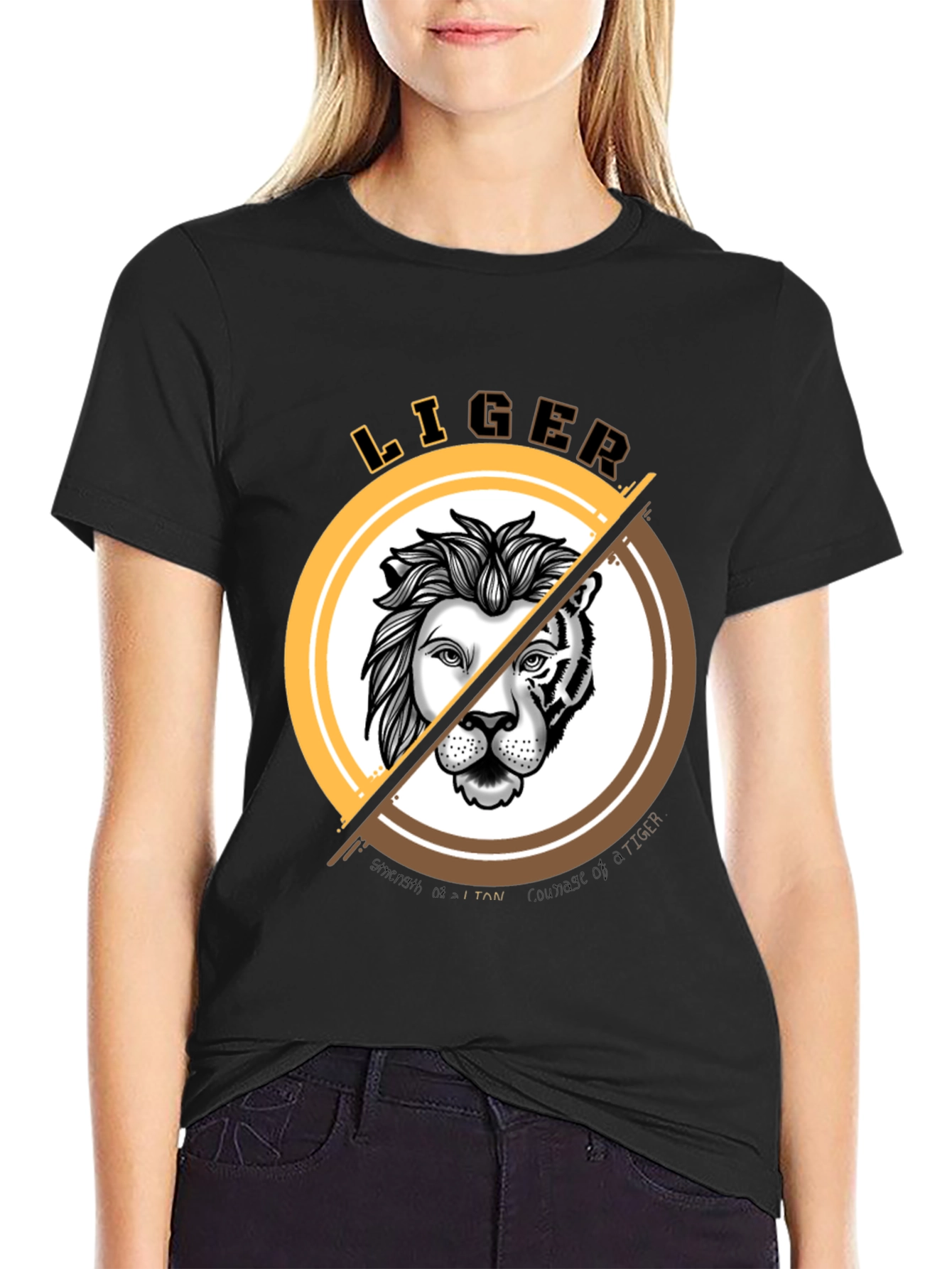 Black LIGER Graphic Print T-Shirt - Lion & Tiger Hybrid Design view 2