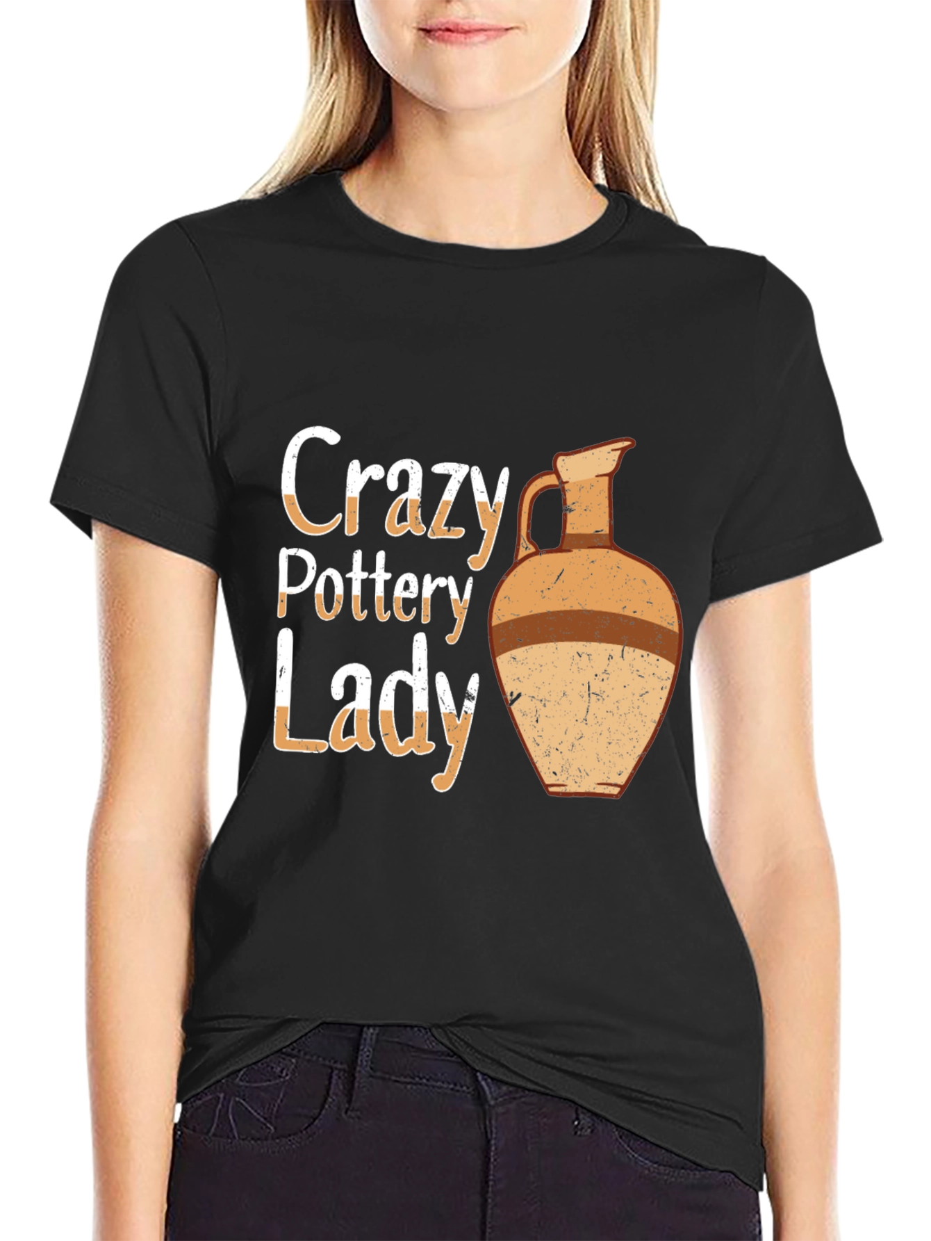 Black Crazy Pottery Lady T-Shirt, Ceramic Art Gift view 2
