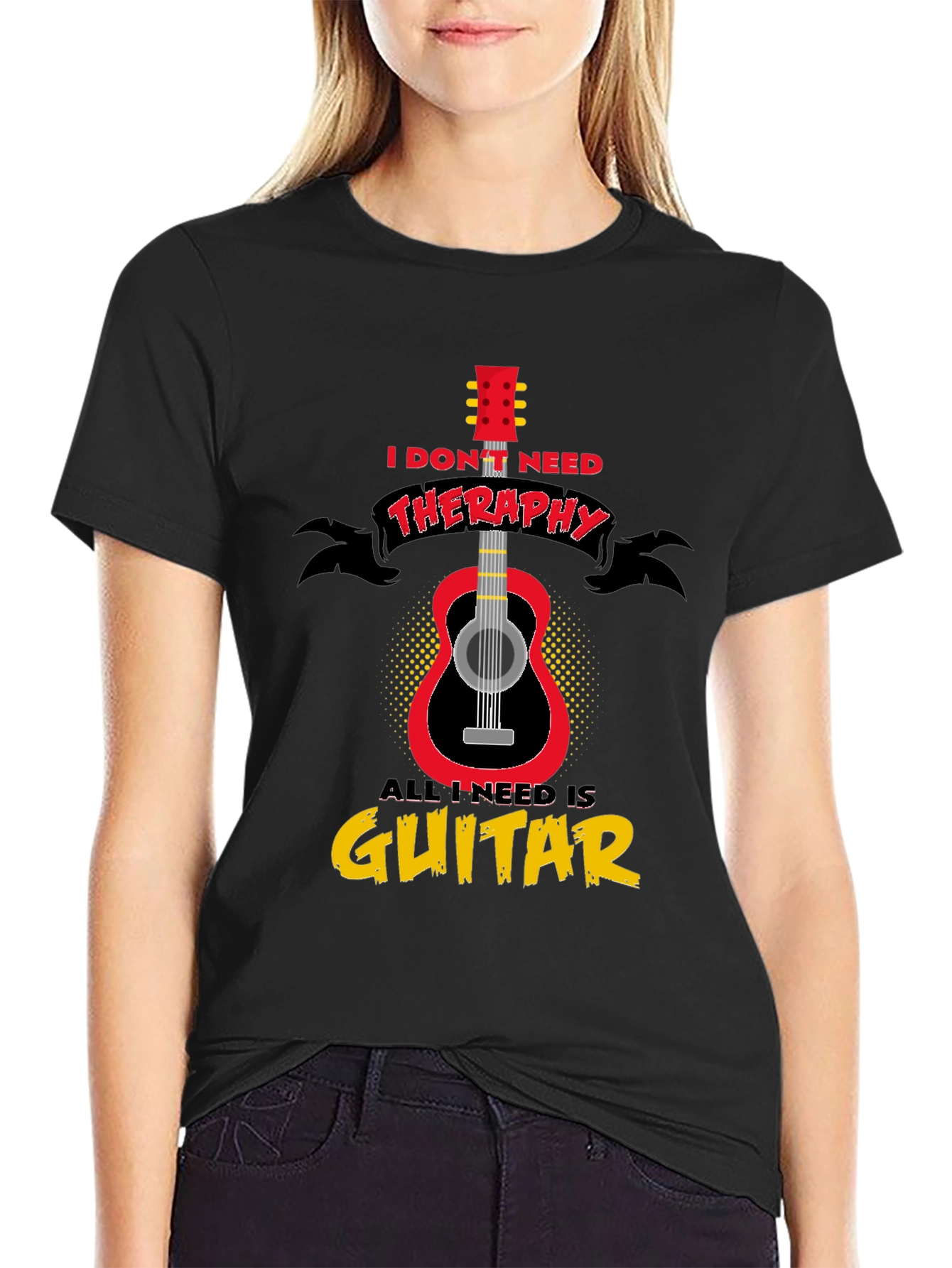 Black Guitar Therapy T-Shirt - Musician Gift view 2