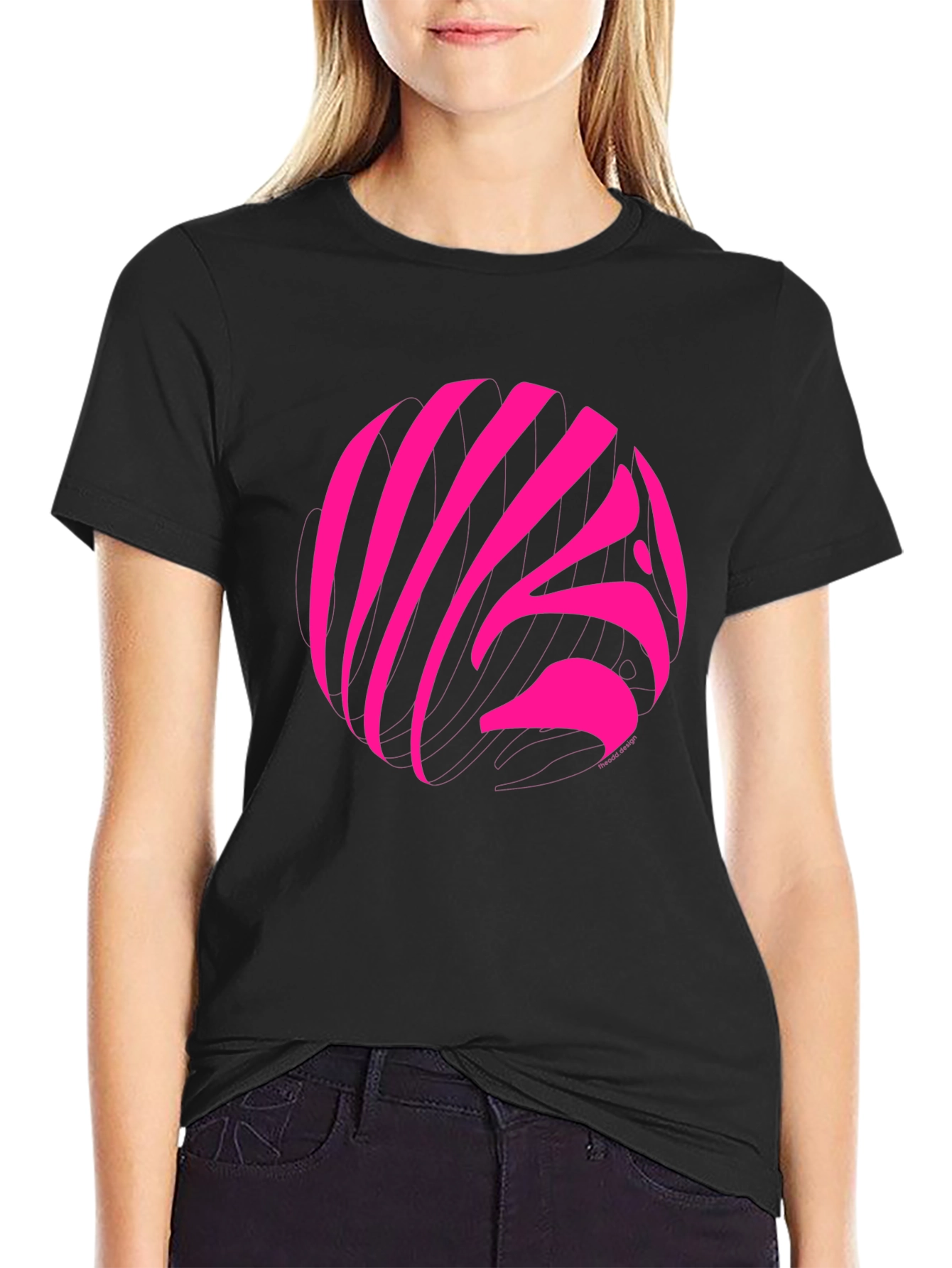 Black Vibrant Pink Zebra Print Crew Neck T-Shirt view 2