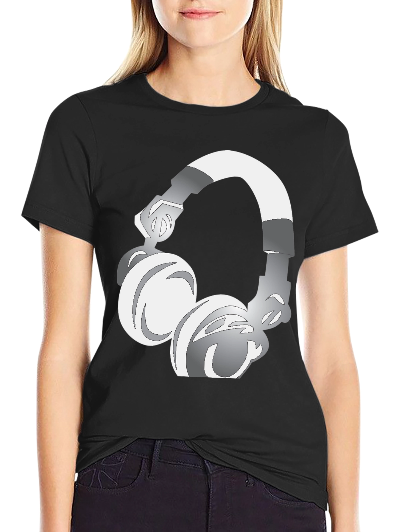 Black Cool Graphic Tee: Silver Headphones Design view 2
