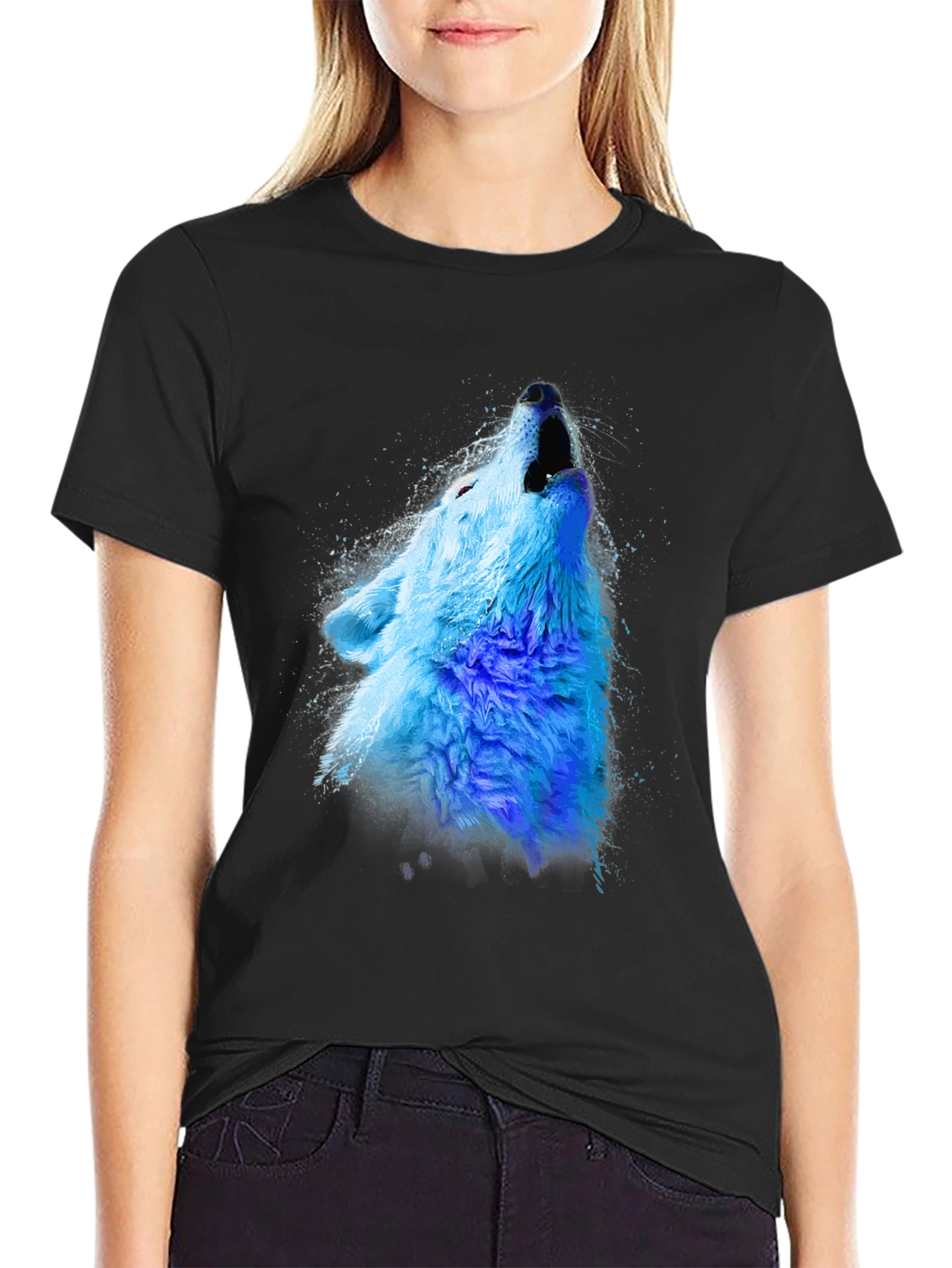 Black Blue Wolf Graphic Tee - Men's Black Crew Neck T-Shirt view 2