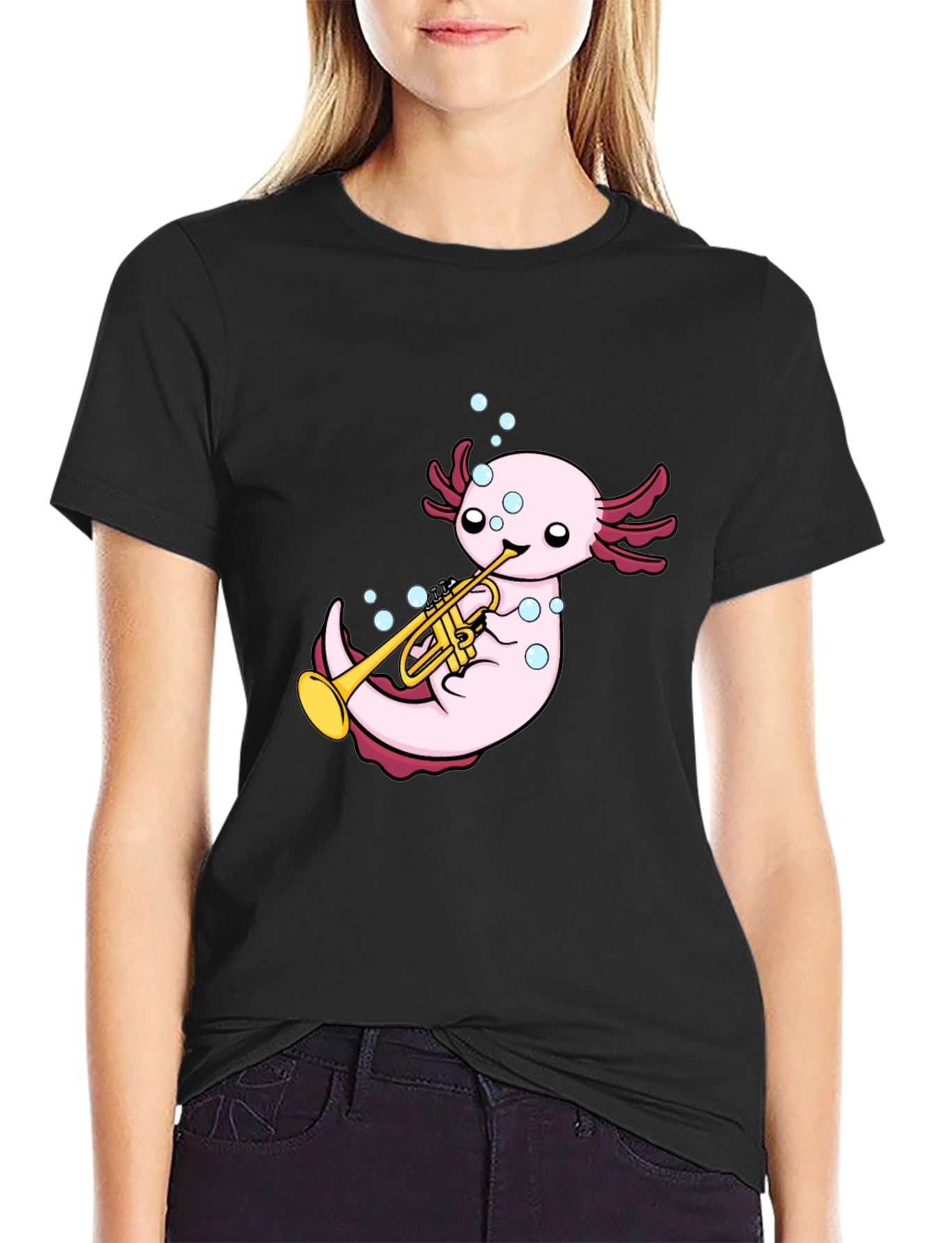 Black Axolotl Trumpet Player Graphic T-Shirt - Black view 2