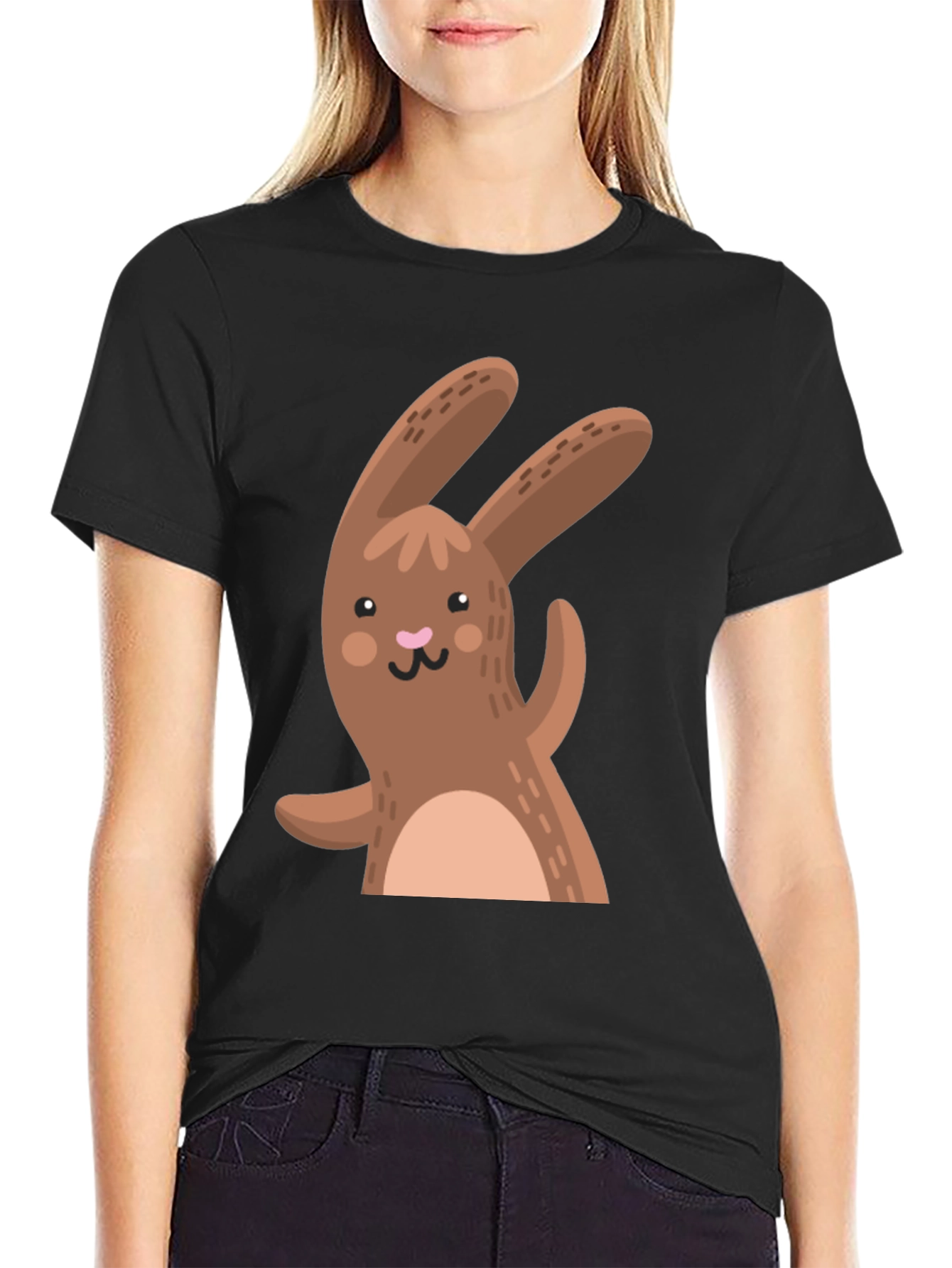 Black Cute Cartoon Rabbit Black T-Shirt view 2