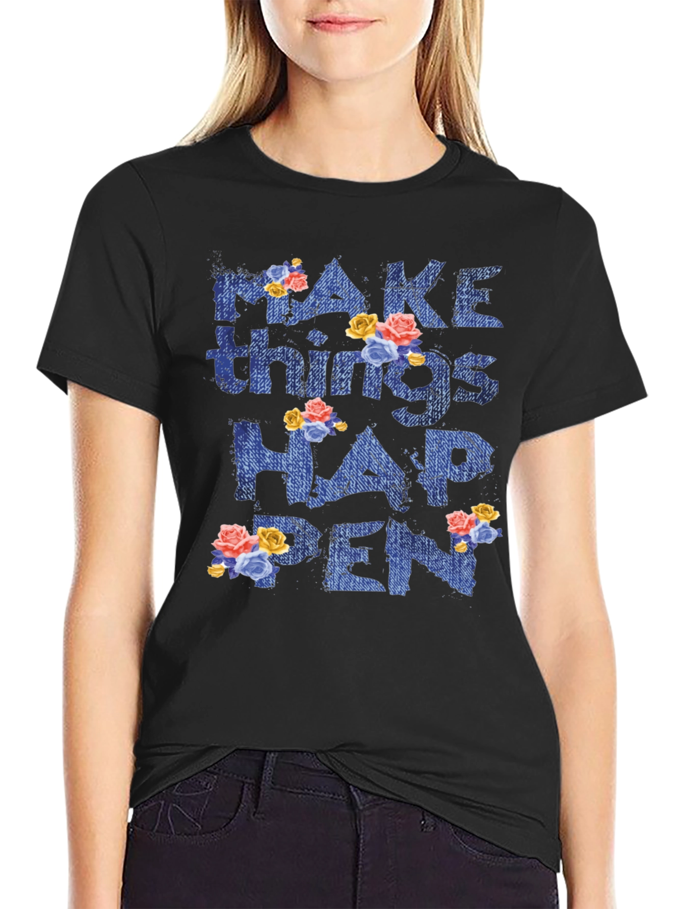Black Floral 'Make Things Happen' Graphic Tee view 2