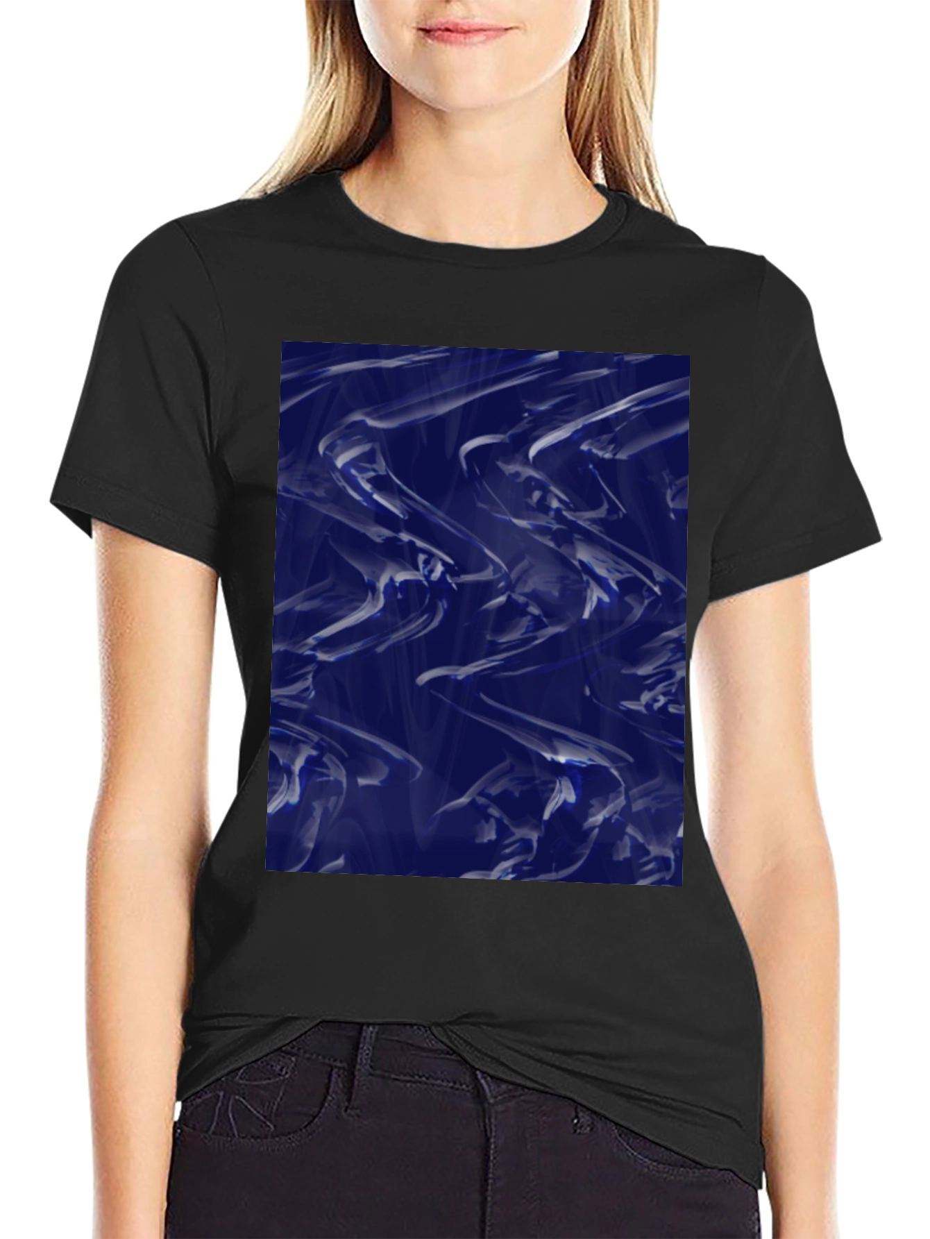 Black Abstract Blue Fluid Art Graphic Black T-Shirt view 2
