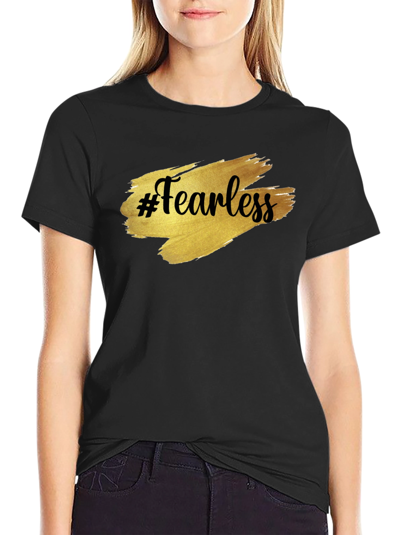 Black Fearless Graphic Tee - Gold Brush Print view 2