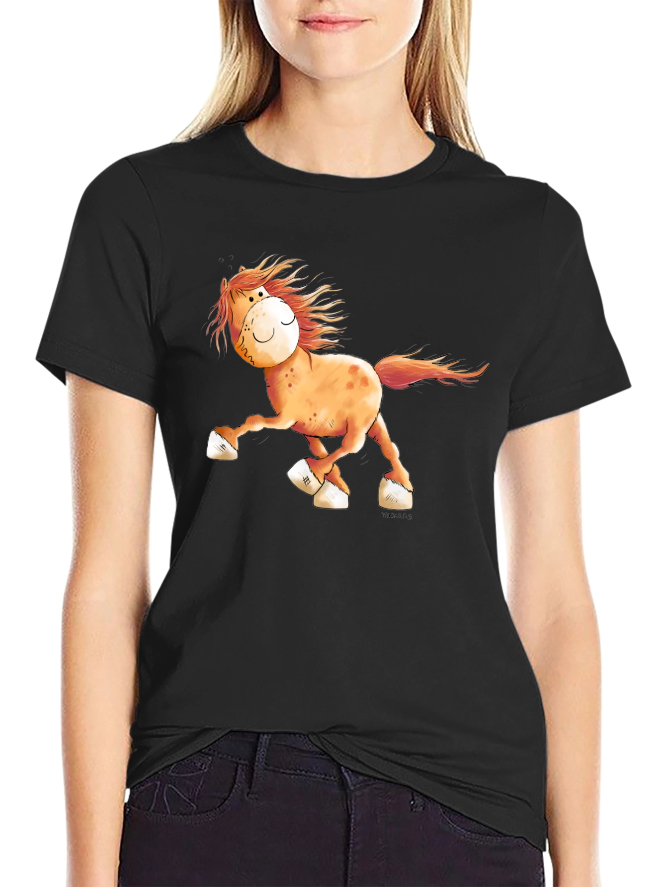 Black Cartoon Horse Graphic Tee - Black Cotton Shirt view 2