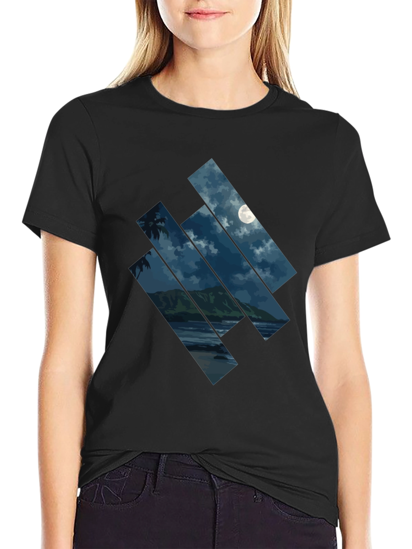 Moonlit Beach Graphic Tee - Men's Black T-Shirt - 2