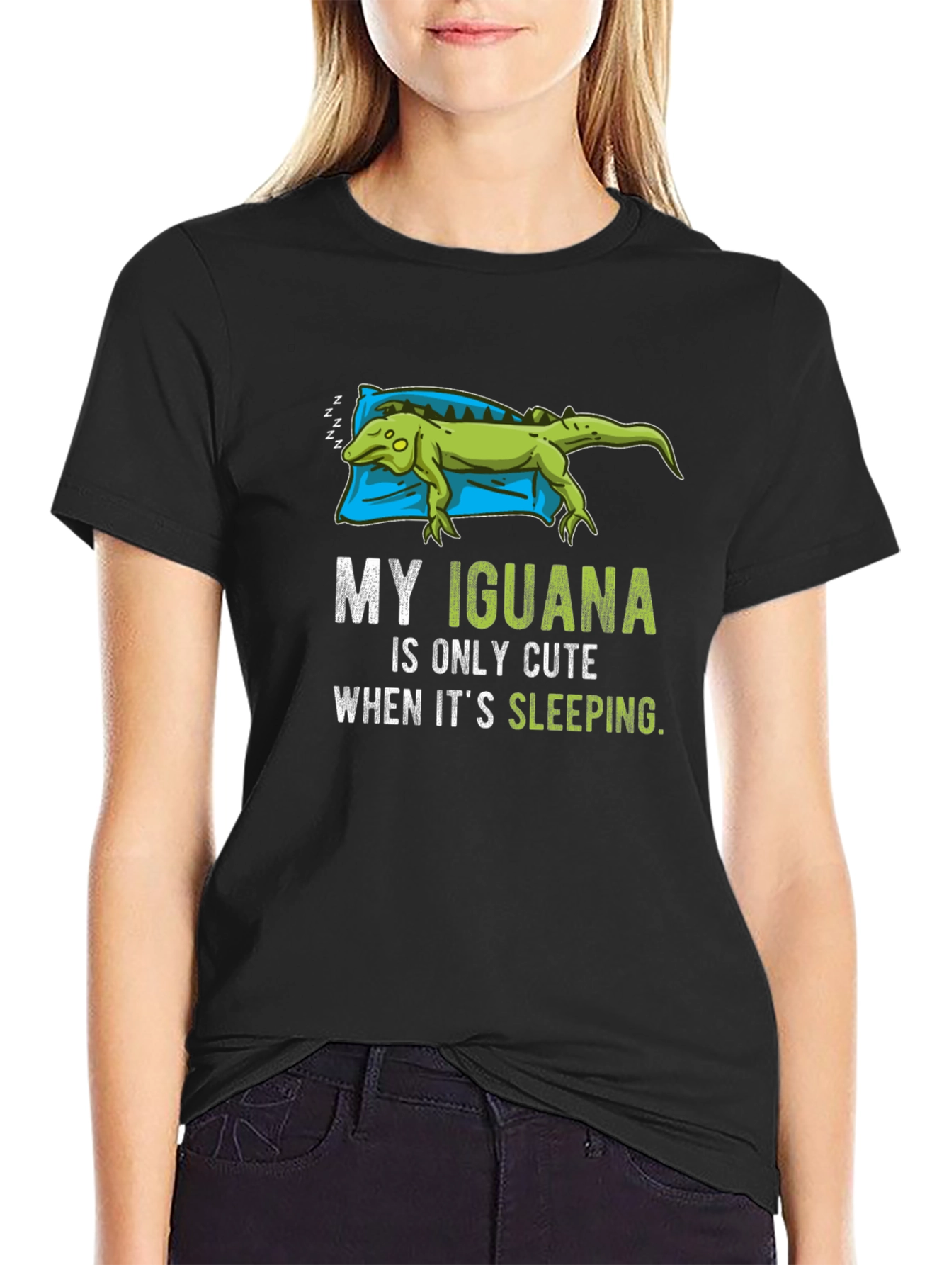 Black Funny Iguana Sleeping T-Shirt view 2