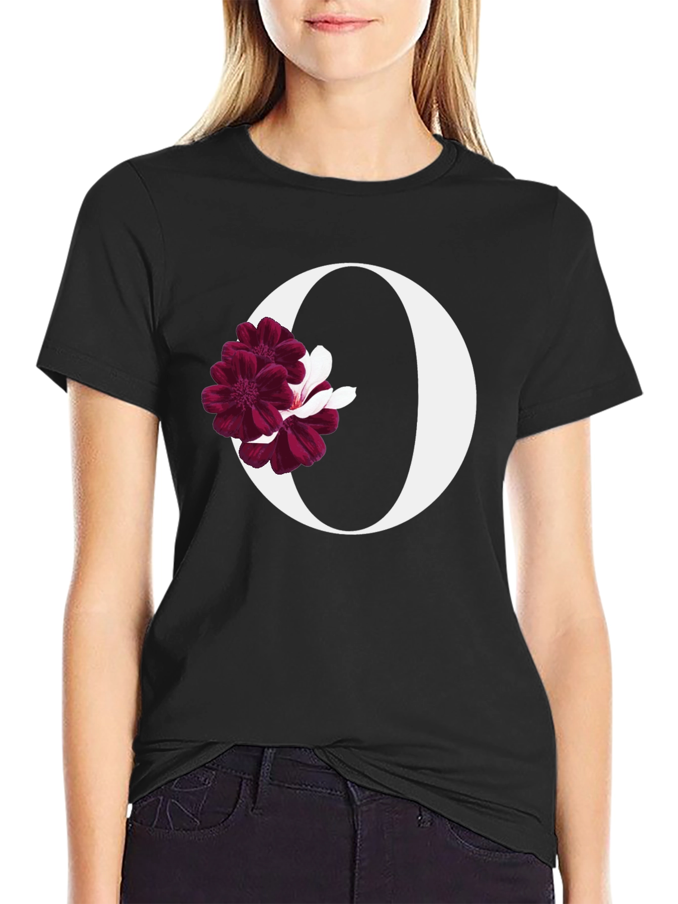 Black Floral Letter O Black T-Shirt view 2