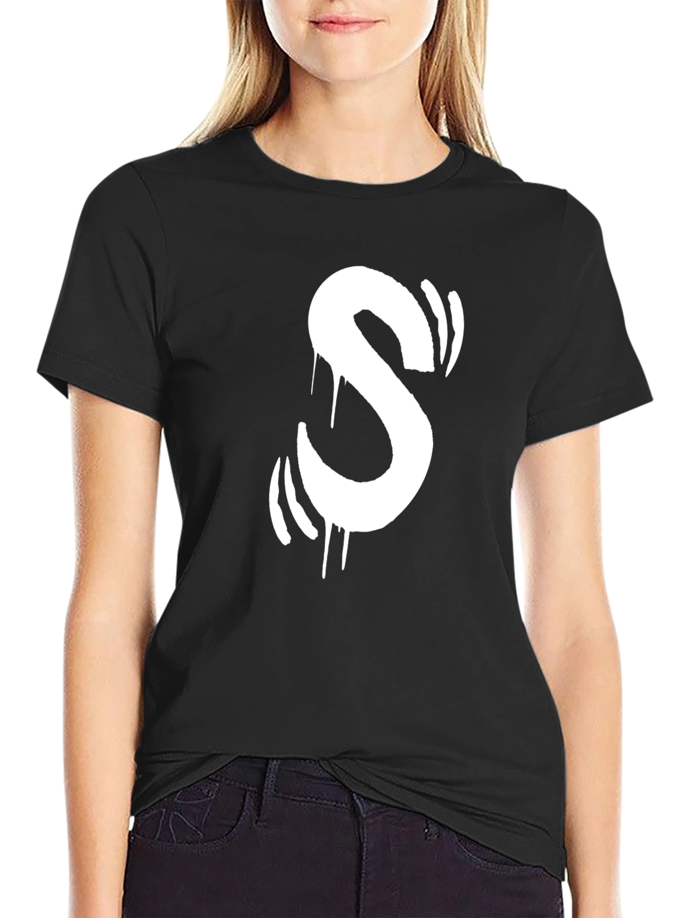 Black Urban Style Black T-Shirt with White Graffiti "S" view 2