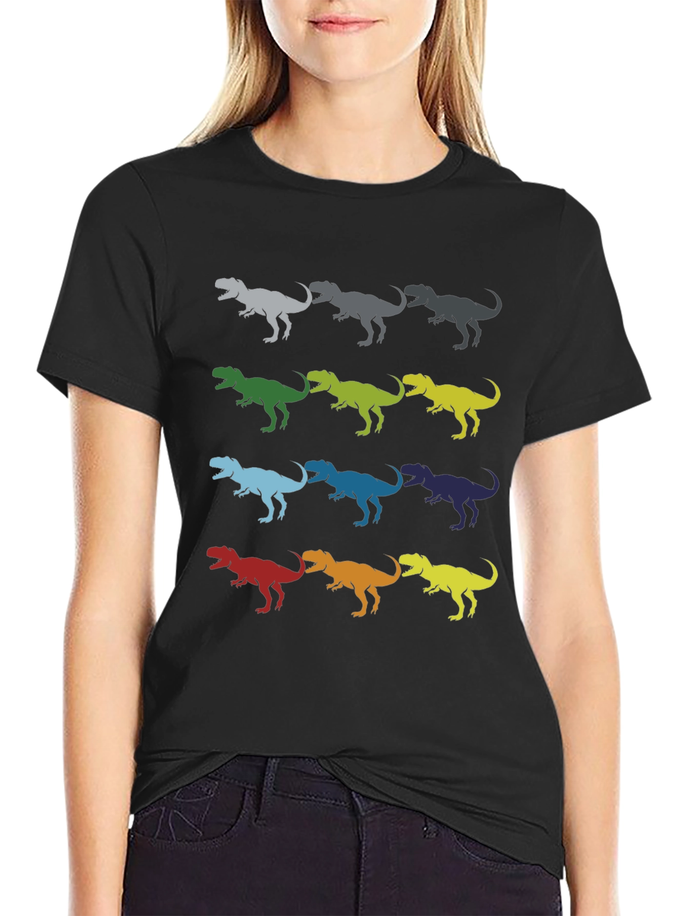 Black Dinosaur T-Rex Pattern Black Cotton T-Shirt view 2