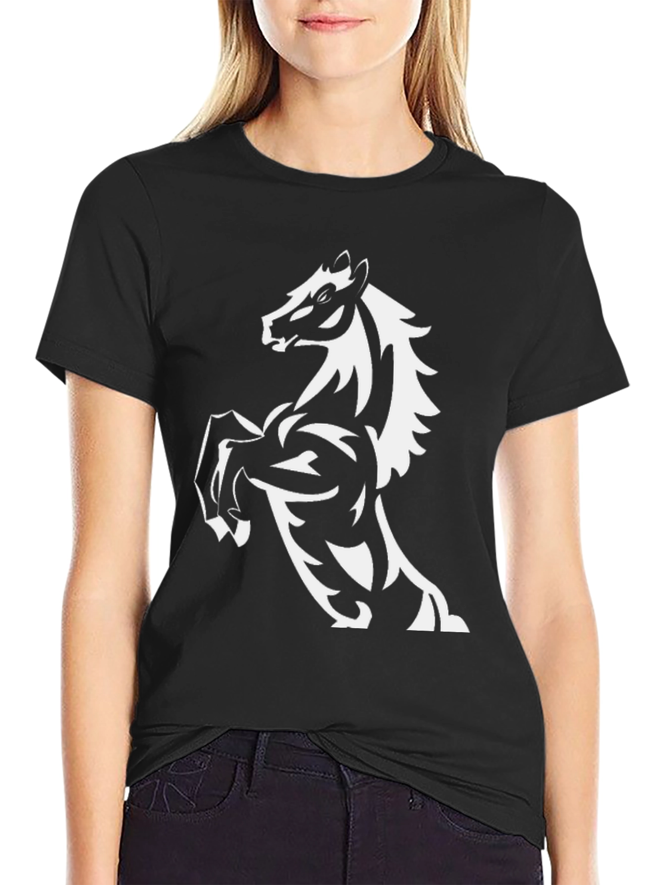 Black Men's Black T-Shirt with Horse Graphic view 2