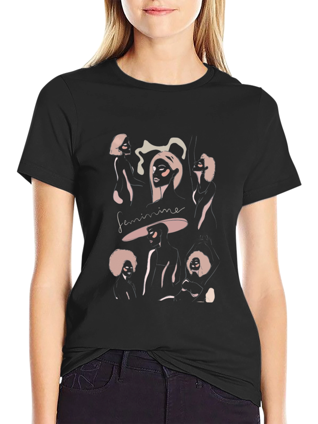 Black Feminine Graphic Tee - Stylish Black Crew Neck T-Shirt view 2