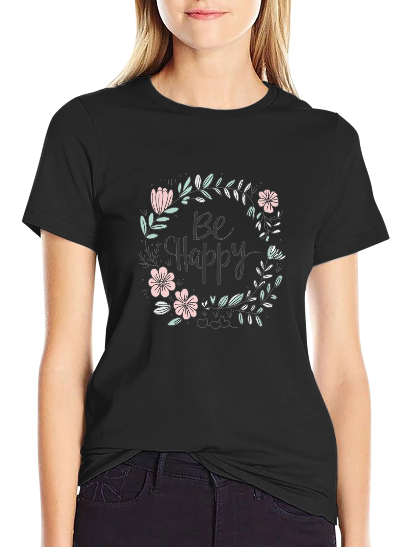 Black Be Happy Floral Graphic Tee - Black view 2