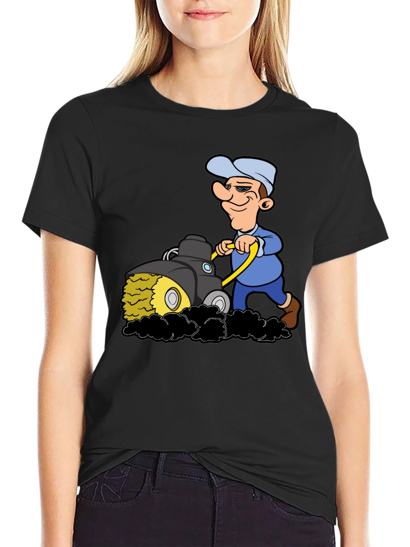 Black Cartoon Lawn Mower T-Shirt view 2